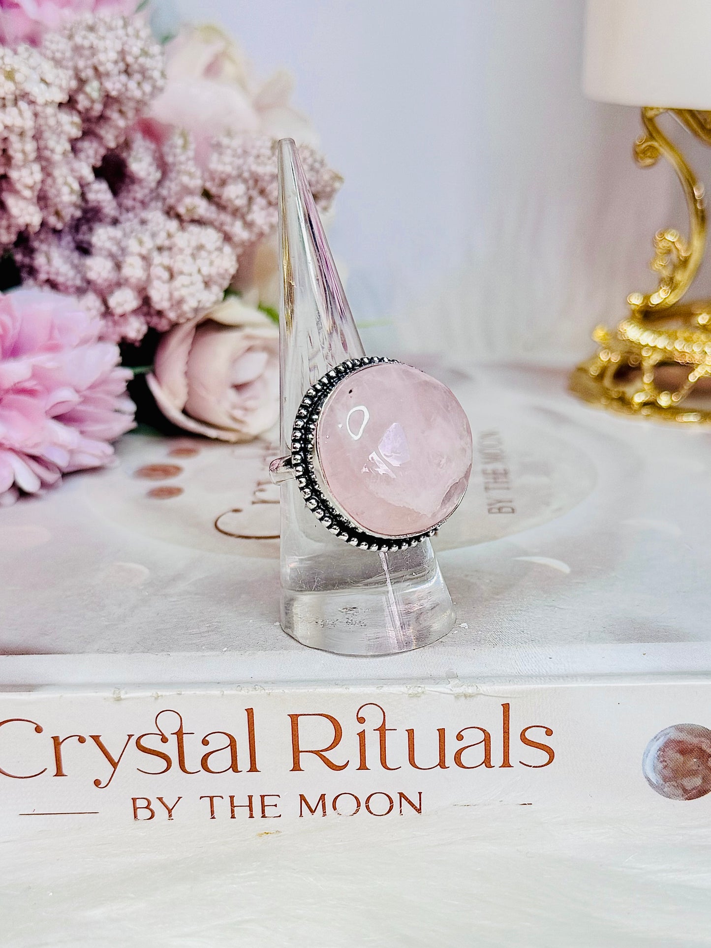 Large Rose Quartz Stone Silver Ring In Gft Bag