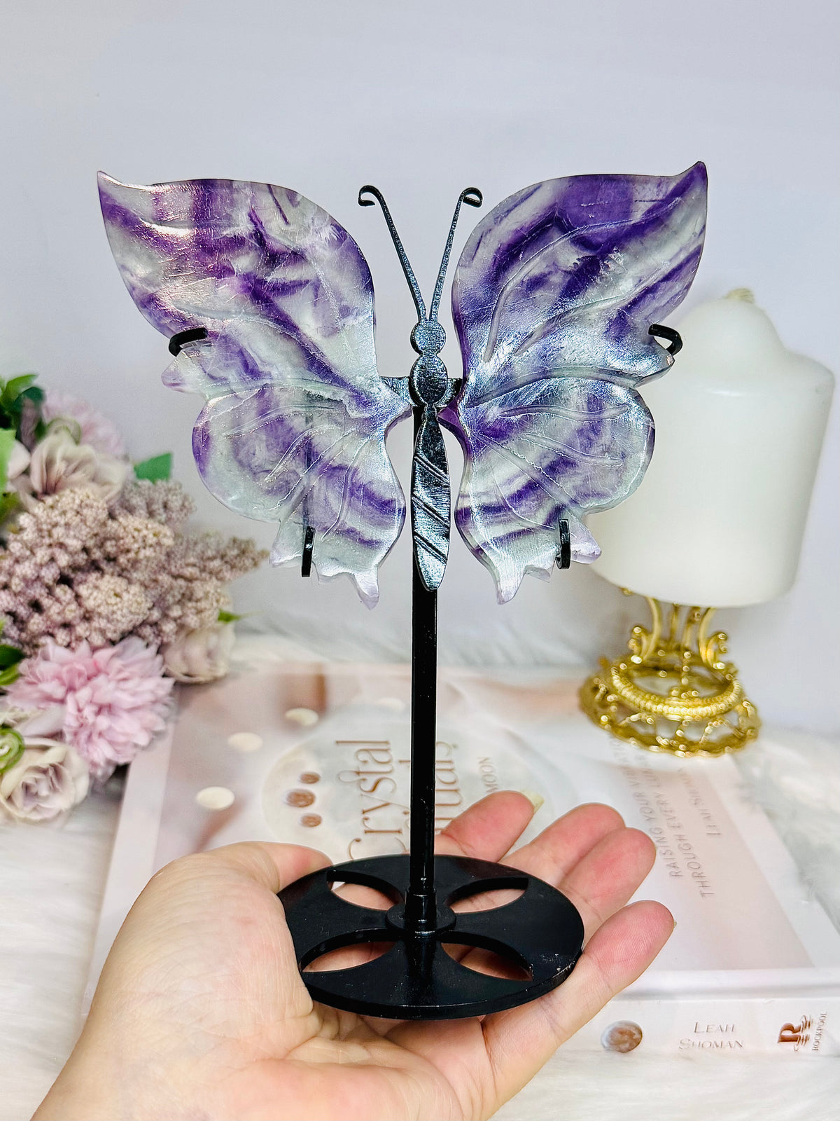 Large Rainbow Fluorite Butterfly Wings On Stand 19cm