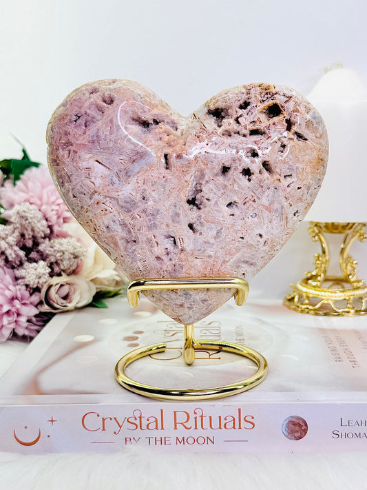 Stunning Large 647gram Chunky Druzy Pink Amethyst Carved Heart From Brazil On Gold Stand