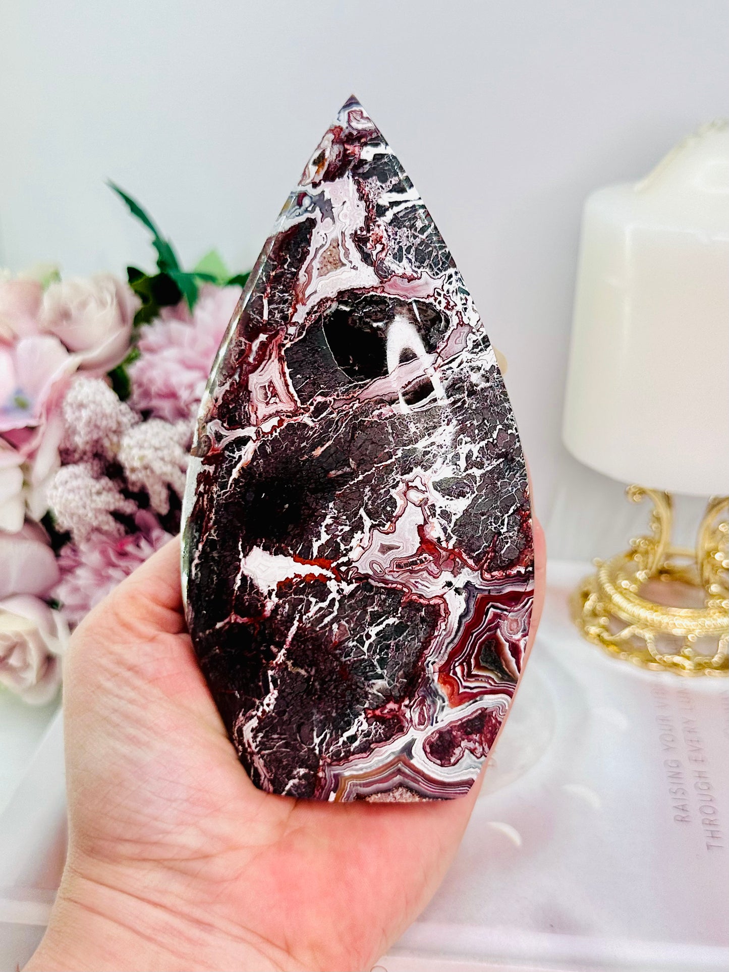 Ward Off Evil ~ Absolutely Incredible Large 479gram Druzy Mexican Lace Agate Carved Flame