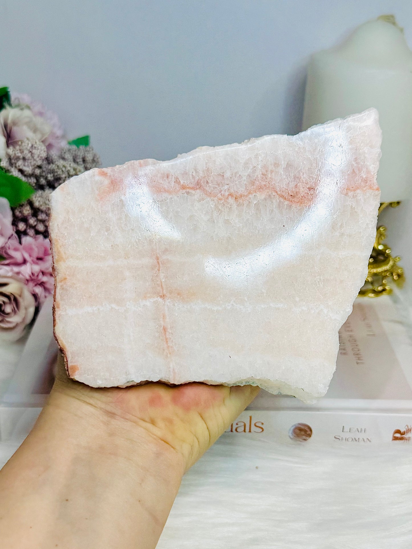 Mexican Pink Calcite Natural Slab 13cm on Stand
