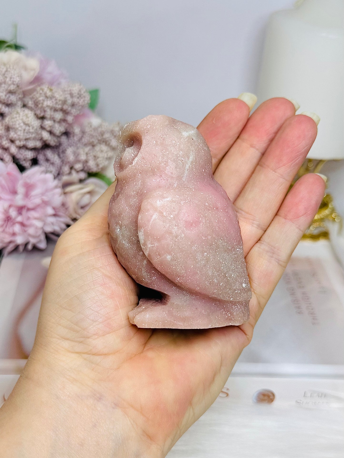 Large Pink Opal Carved Owl 8cm 305g