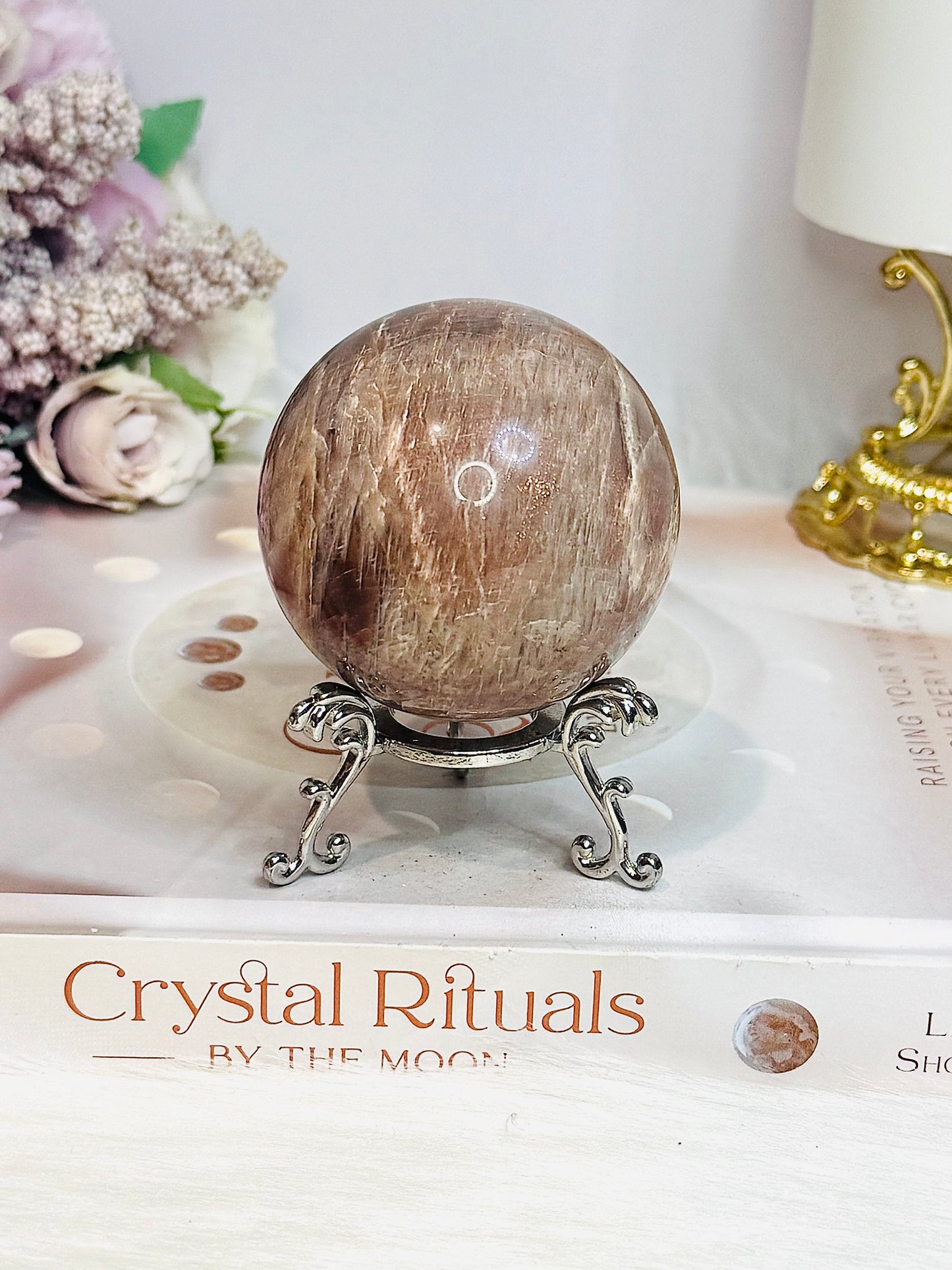 High Grade Moonstone X Sunstone Sphere On Stand 253g