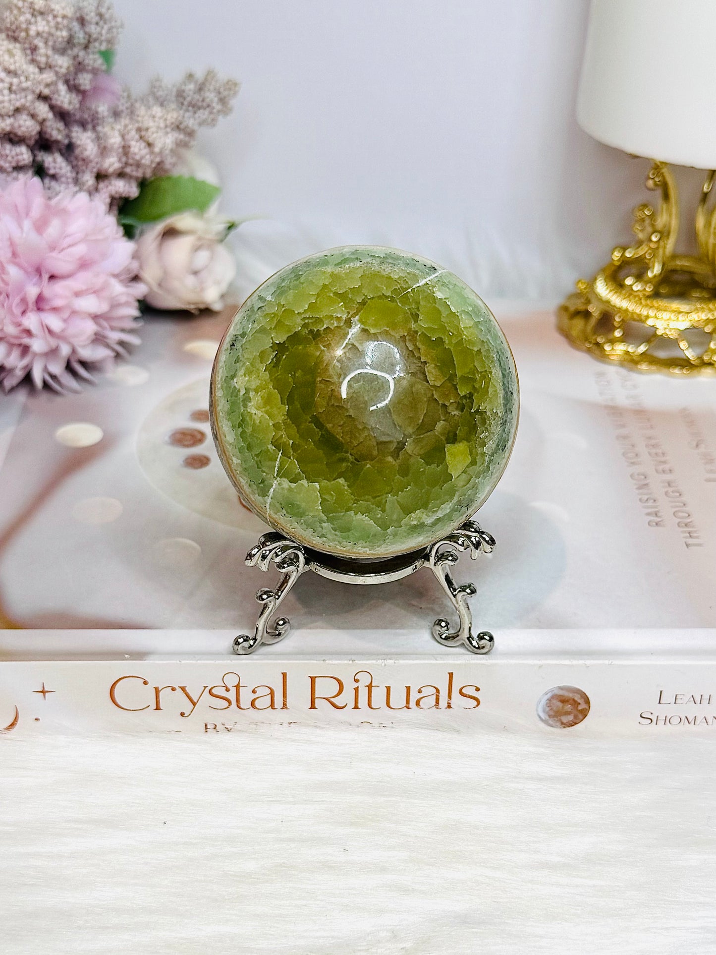 Green Calcite Sphere on Stand 338g