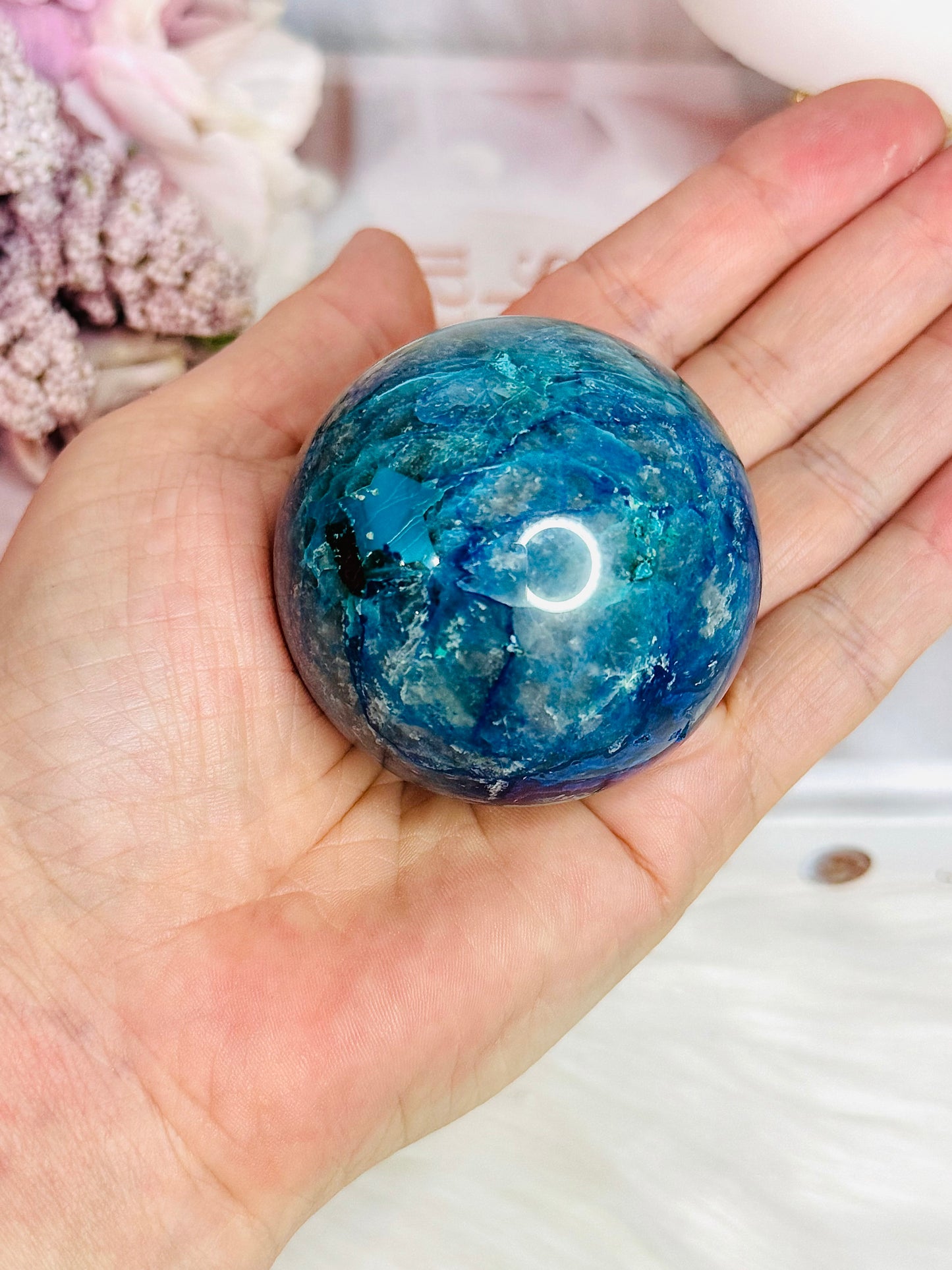 Stunning Natural High Grade Chrysocolla Carved Sphere on Stand 238grams