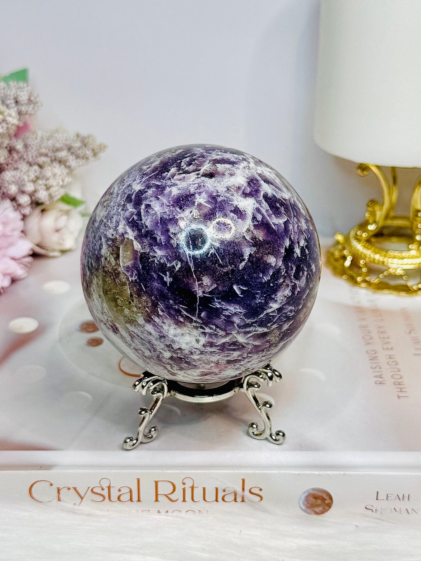 Natural Large Pegmatite | Unicorn Stone (Lepidolite, Pink Tourmaline, Smoky Quartz and Cleavelandite) Sphere on Stand 661g