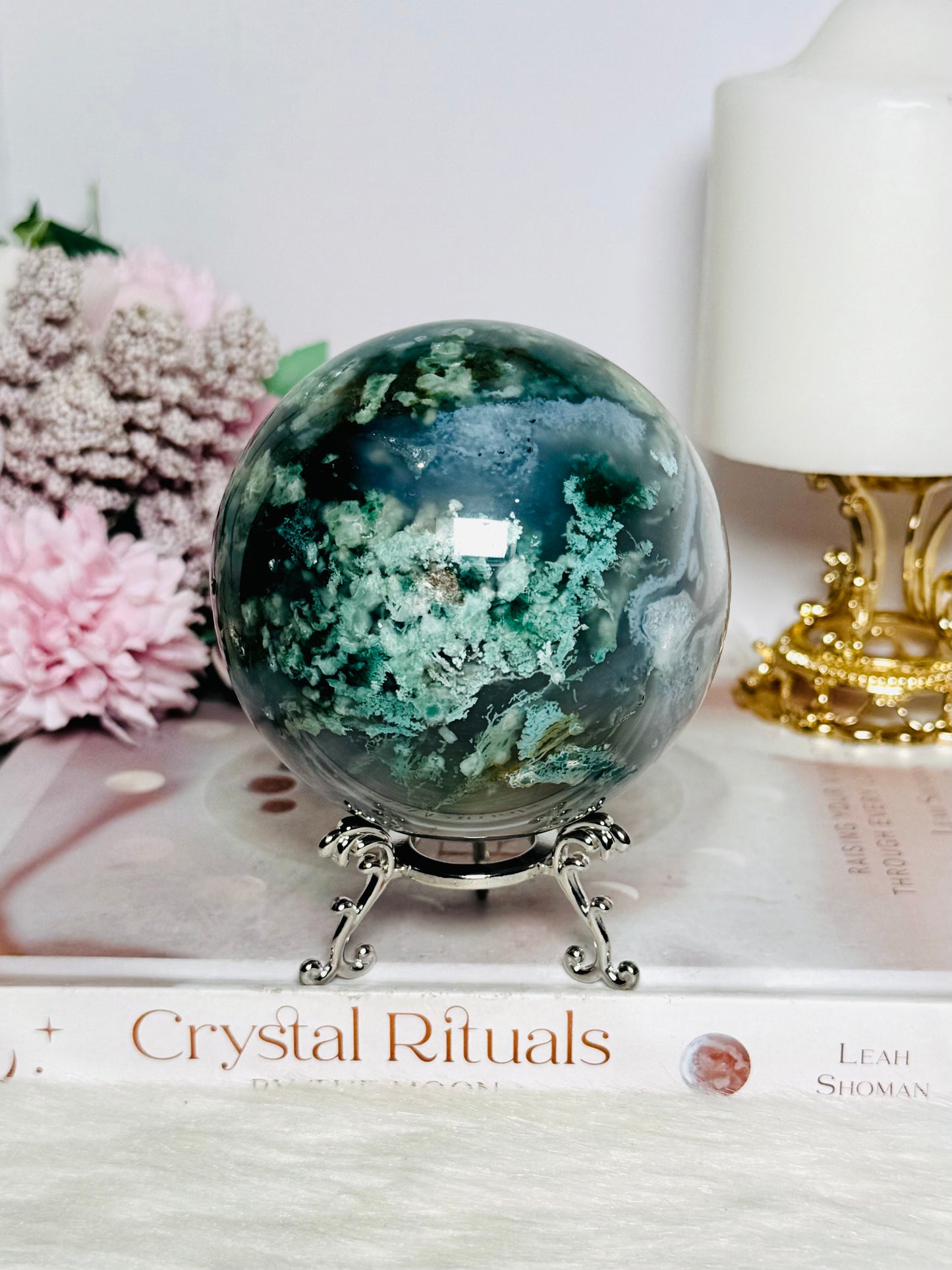 Large Moss Agate Druzy Sphere on Stand 756g