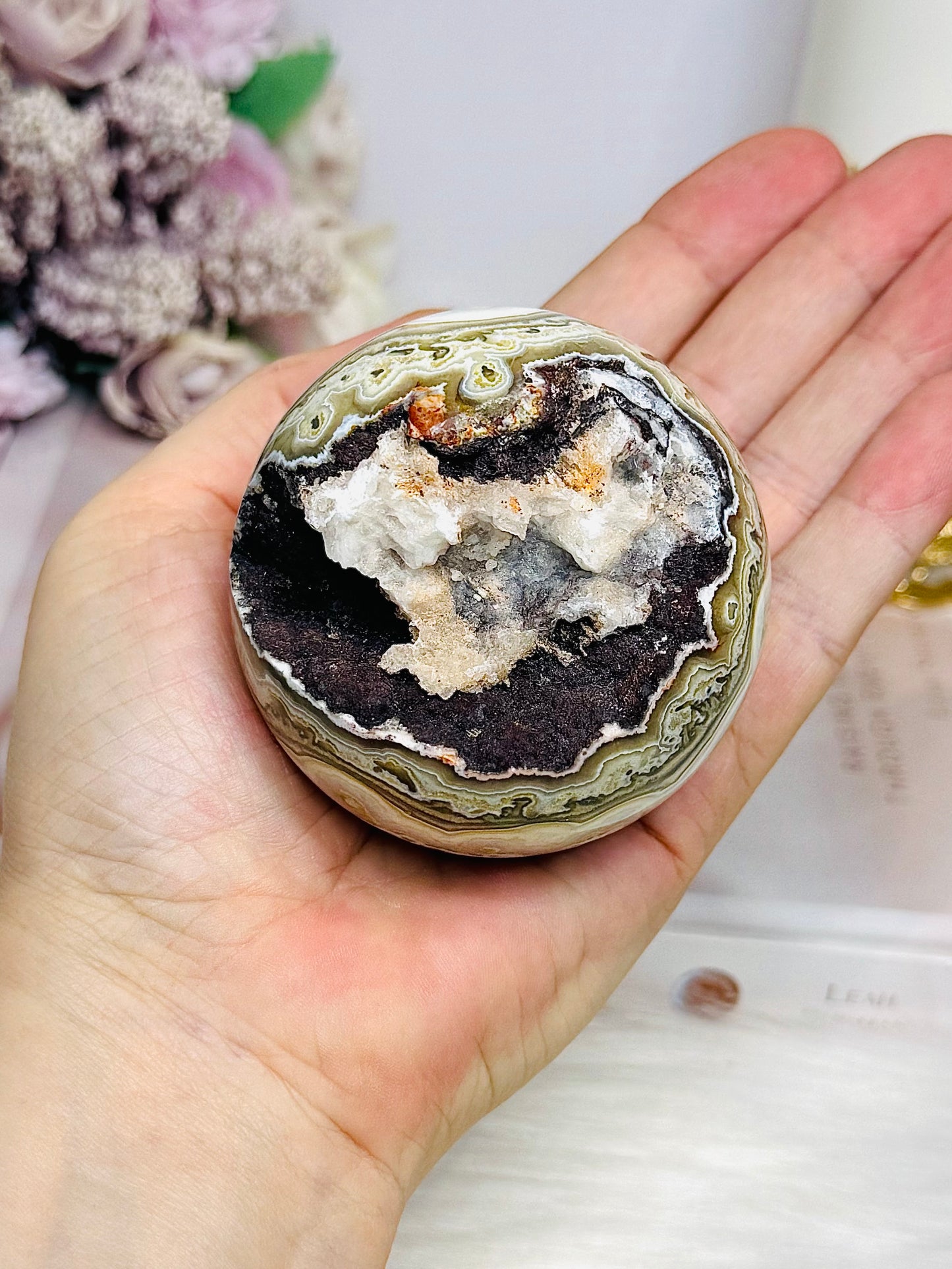 Mexican Lace Agate Druzy Sphere on Stand 331g