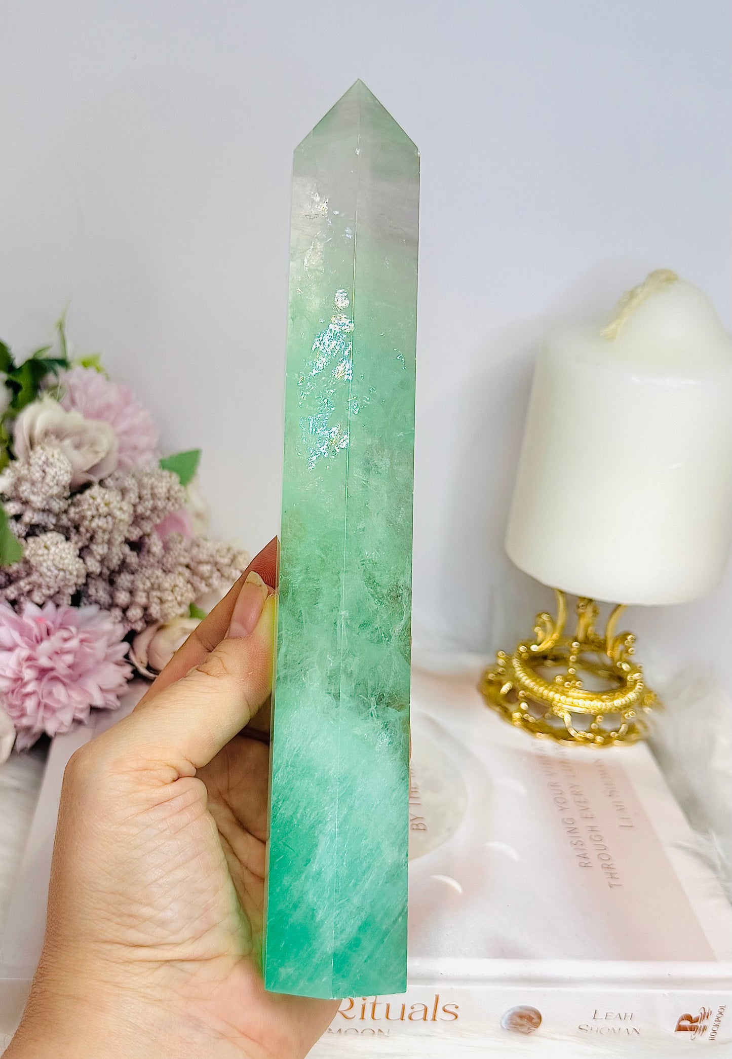 Green Watermelon Fluorite Tower with Rainbows 21.5cm