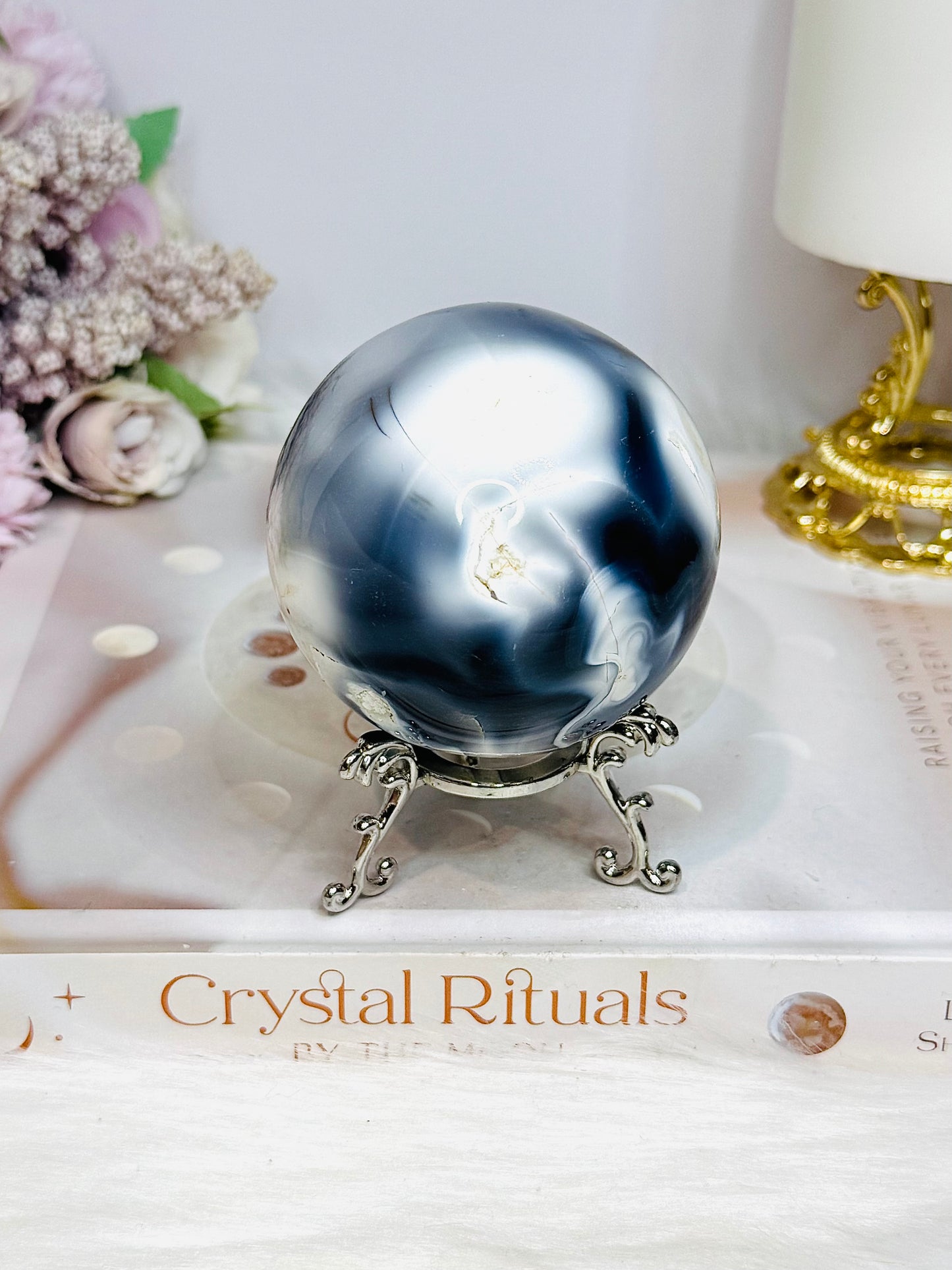 Large Orca Agate Sphere on Stand 379g