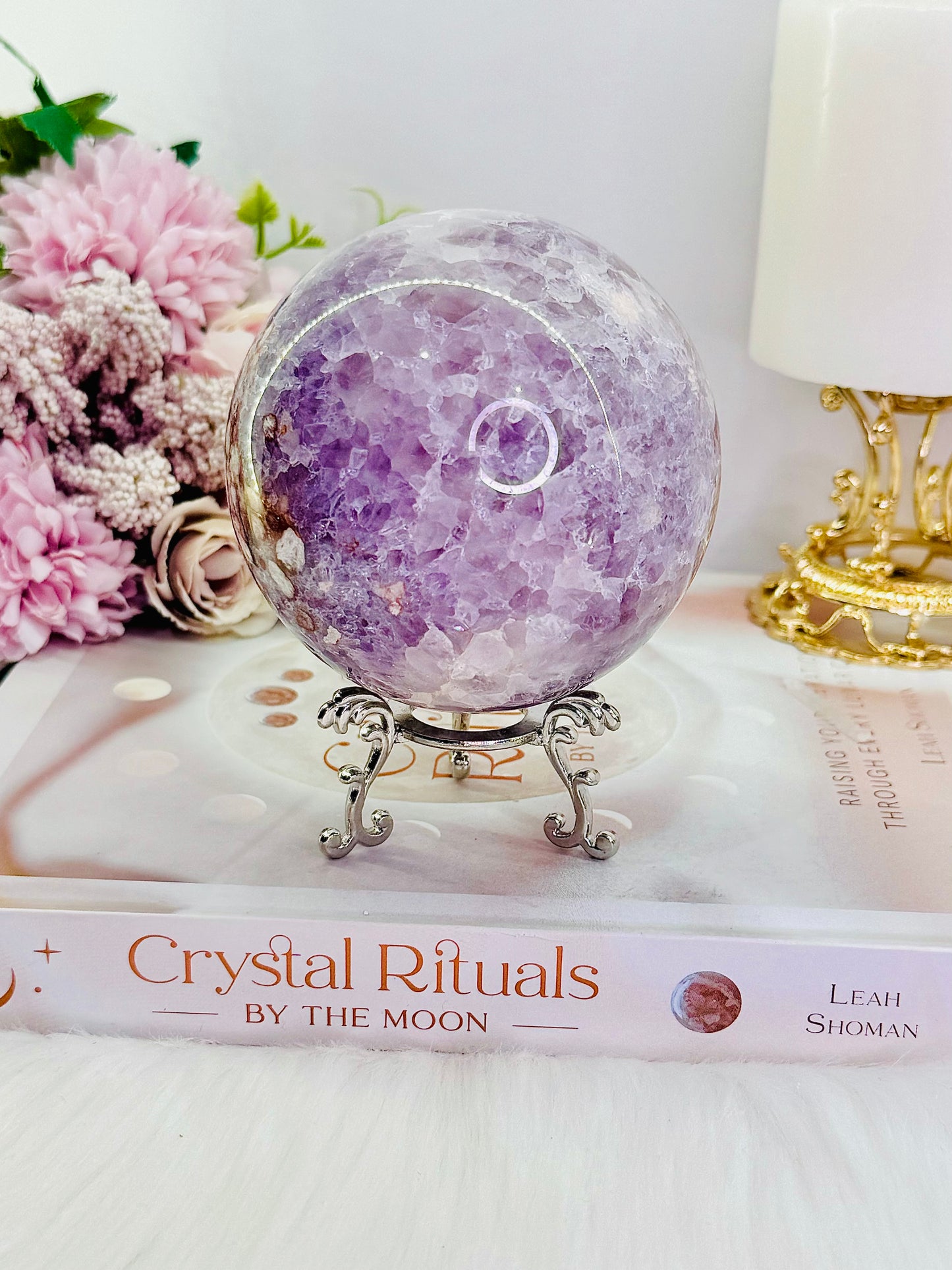 CLASSY!!! FABULOUS!!! MAGICAL!!!
Incredible High Grade Deep Purple Amethyst X Flower Agate Hybrid Sphere 772grams On Silver Stand