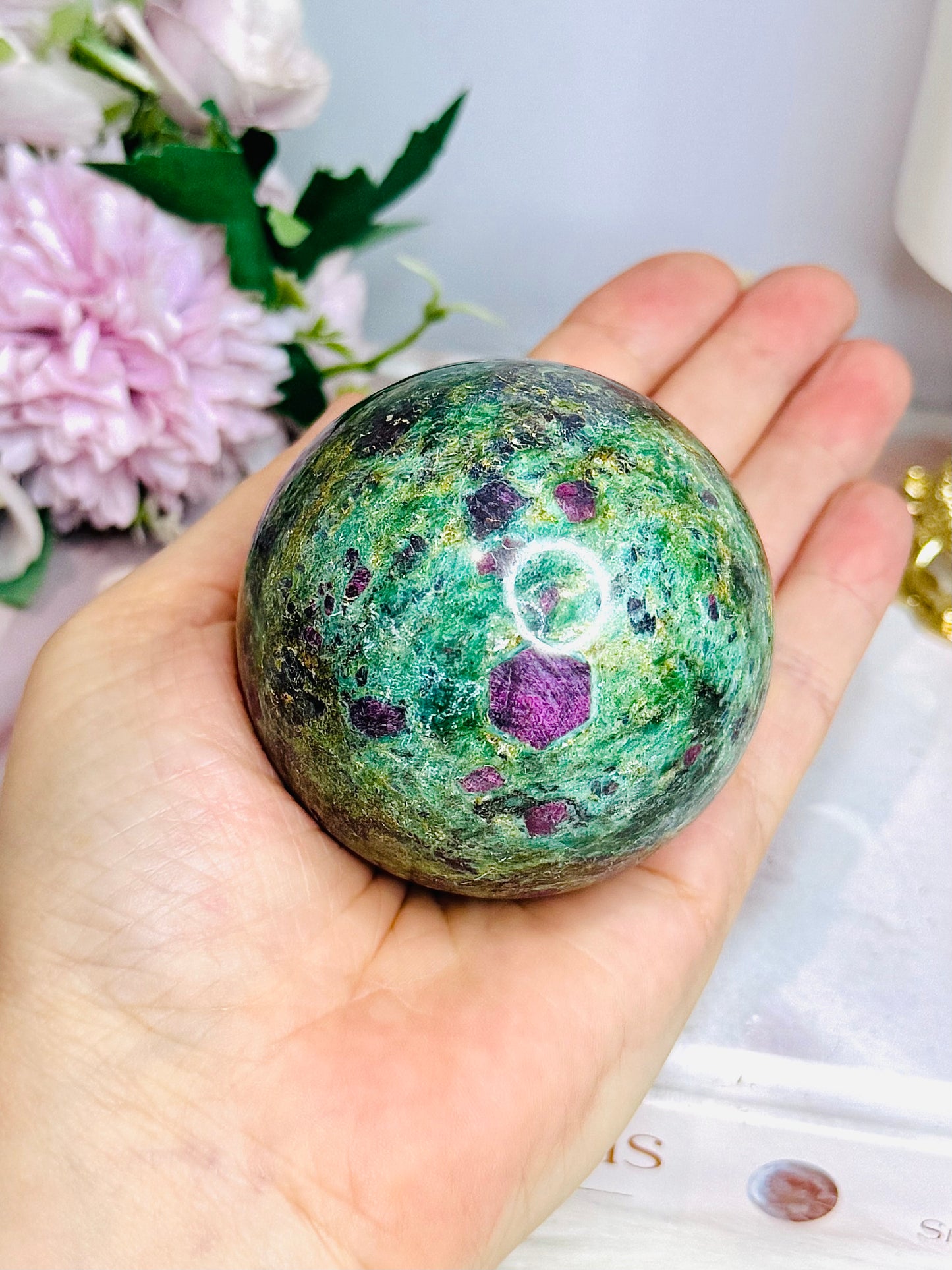 Large Ruby In Fuchsite Sphere UV Reactive On Stand 399g