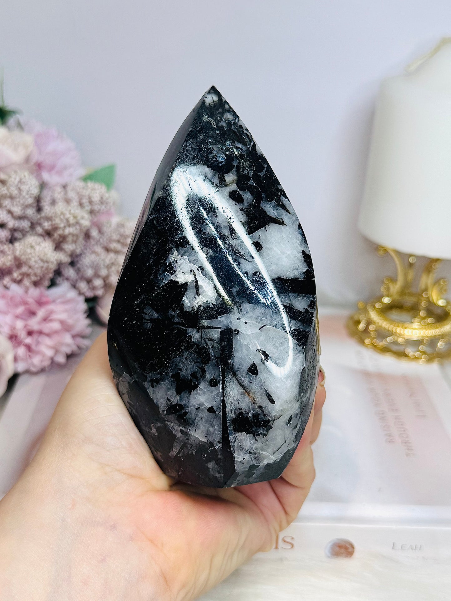 Black Tourmaline in Quartz Carved Flame From Brazil 12.5cm 491g