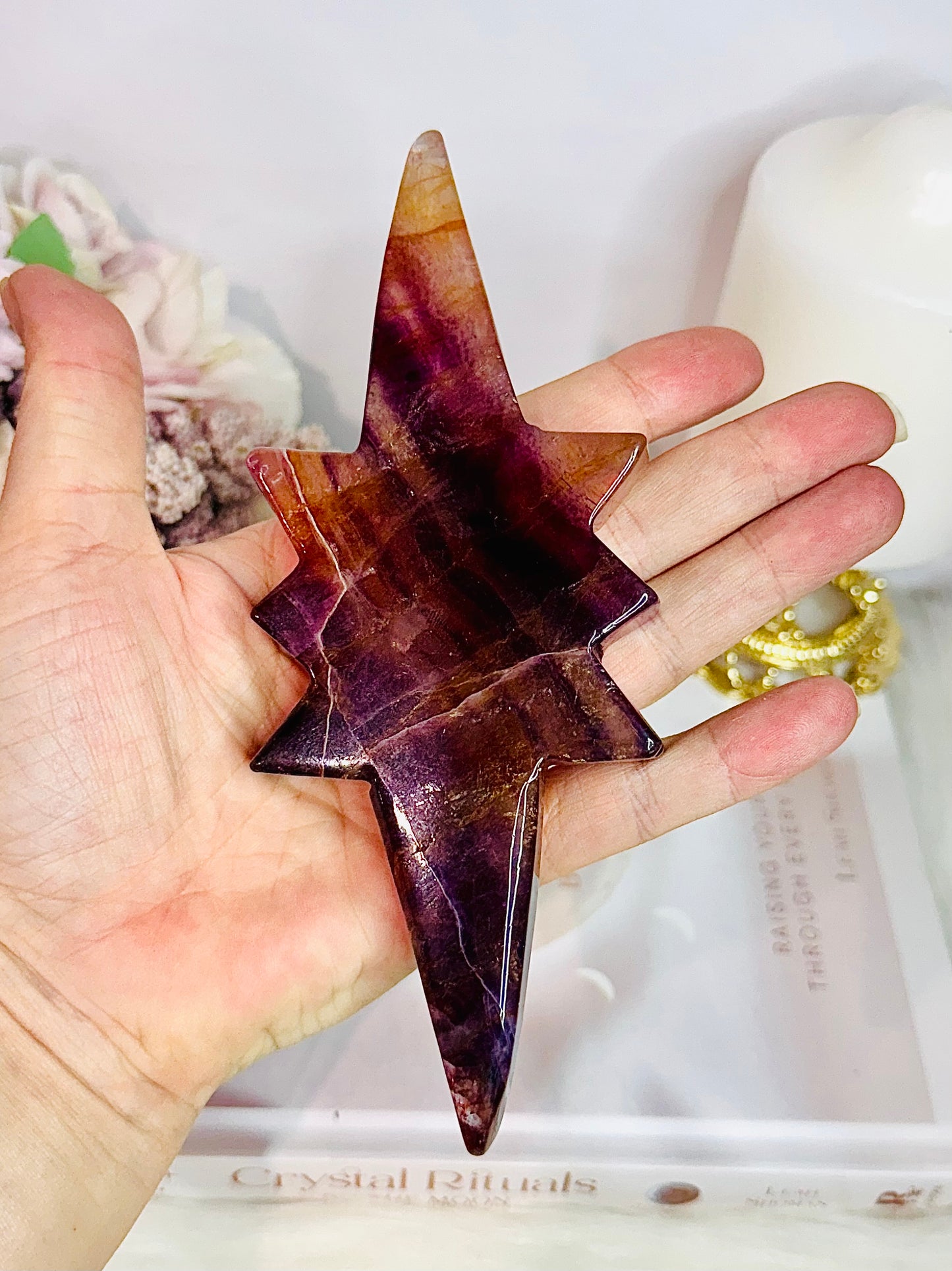 Incredible Large Natural Fluorite Carved Polaris Star On Stand 25.5cm