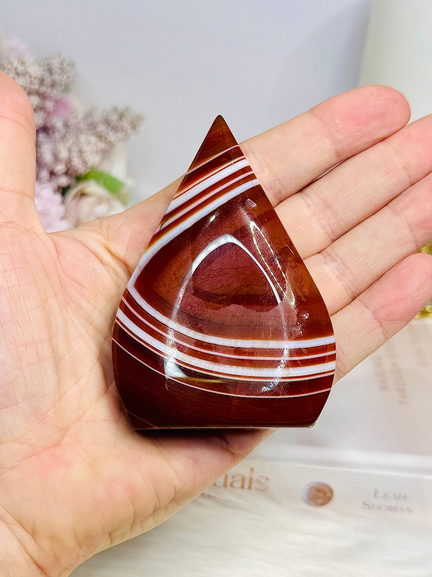 Red Striped Agate Flame With Carved Fish 8cm