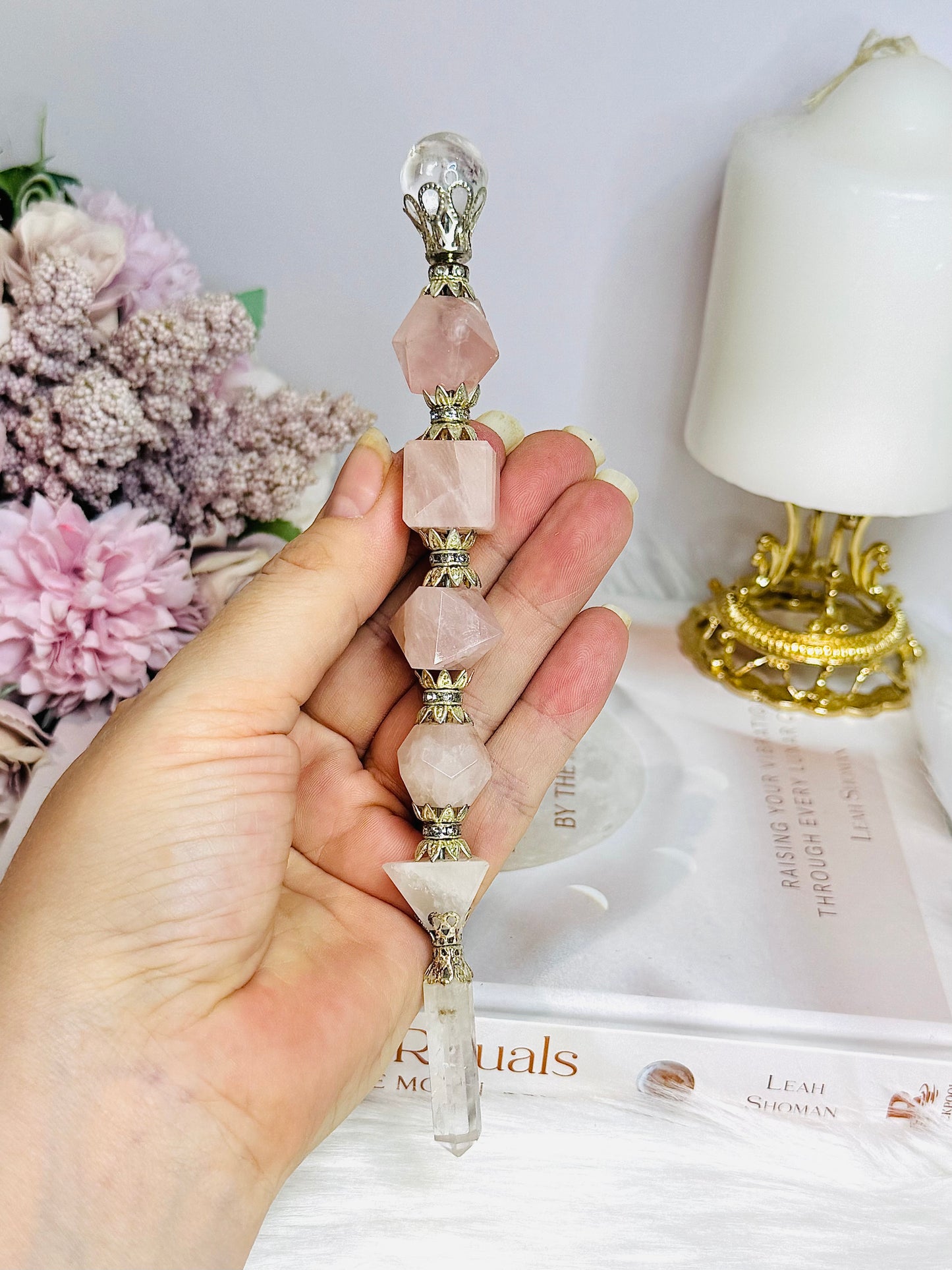 Magical Large Rose Quartz Geometric Wand 18cm