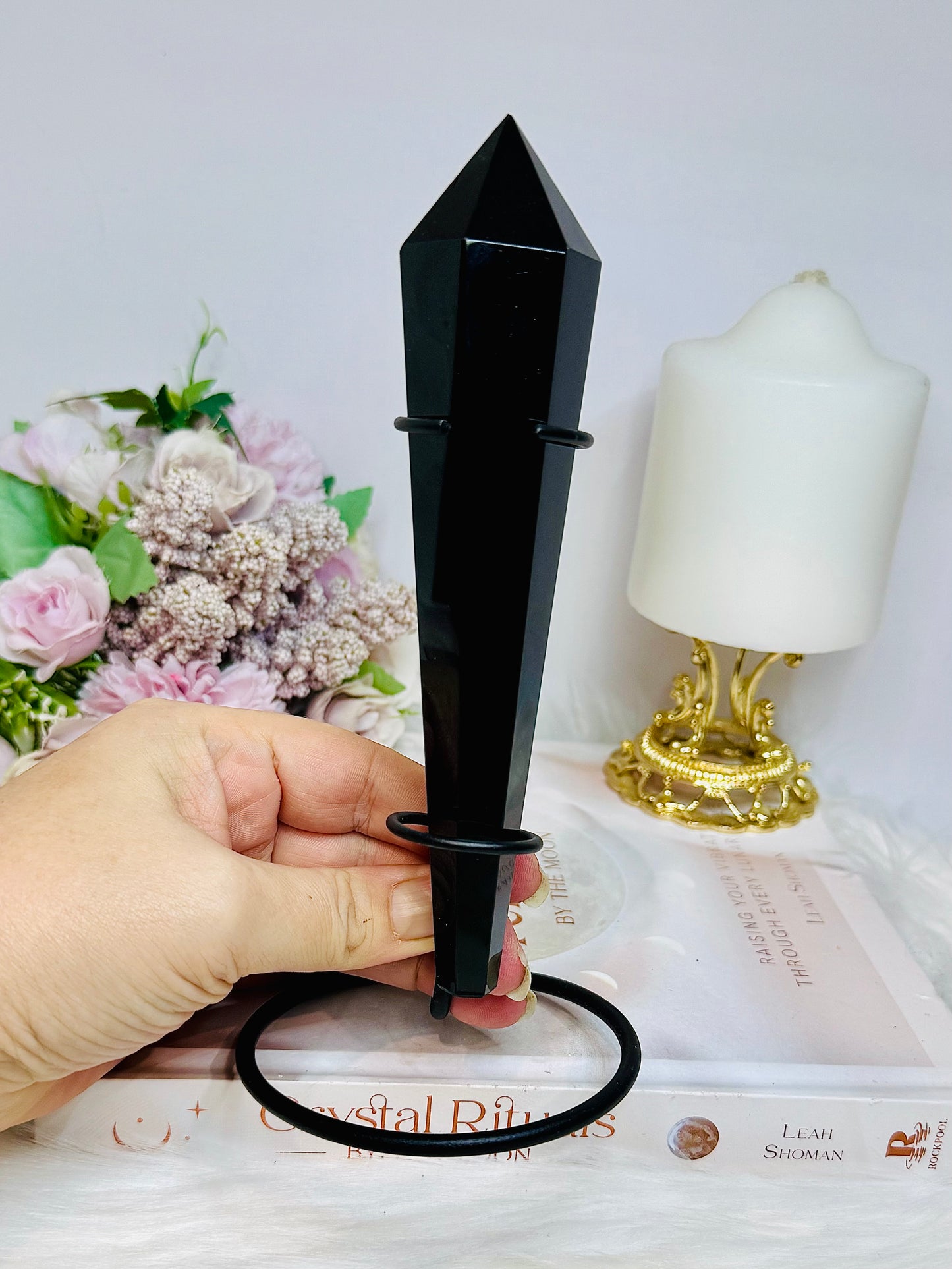 Large Black Obsidian Wand | Tower 18cm On Stand
