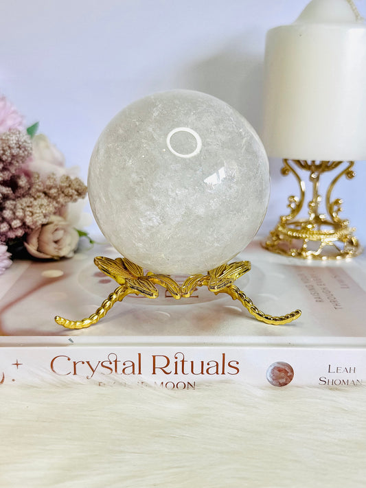 Absolutely Gorgeous Large Clear Quartz Sphere 775grams On Gold Dragonfly Stand