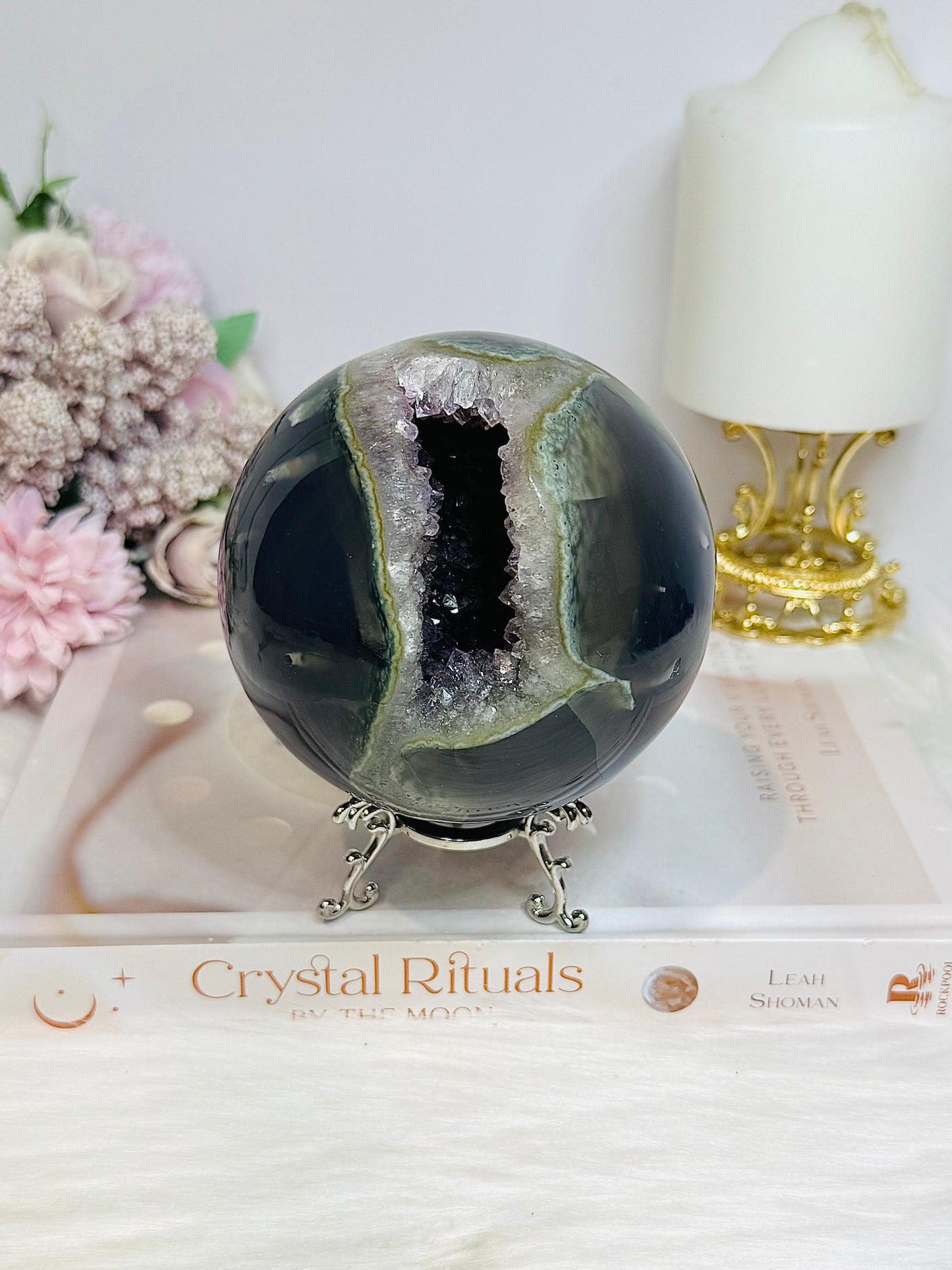 High Grade Huge Amethyst Druzy Agate Sphere on Stand 934g