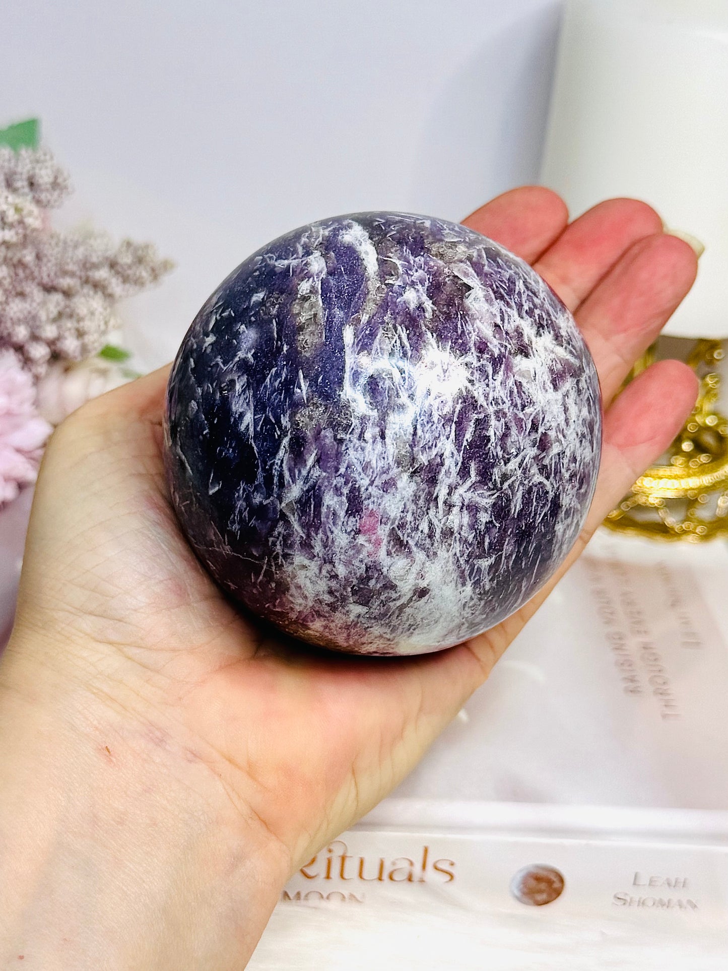 Natural Large Pegmatite | Unicorn Stone (Lepidolite, Pink Tourmaline, Smoky Quartz and Cleavelandite) Sphere on Stand 661g