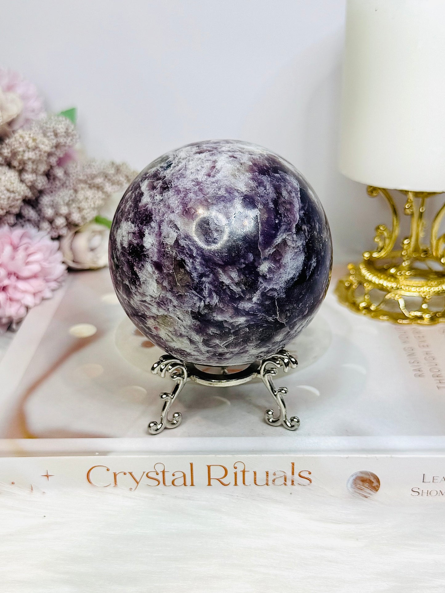 Large Pegmatite | Unicorn Stone (Lepidolite, Pink Tourmaline, Smoky Quartz & Cleavelandite) Sphere on Stand 600g