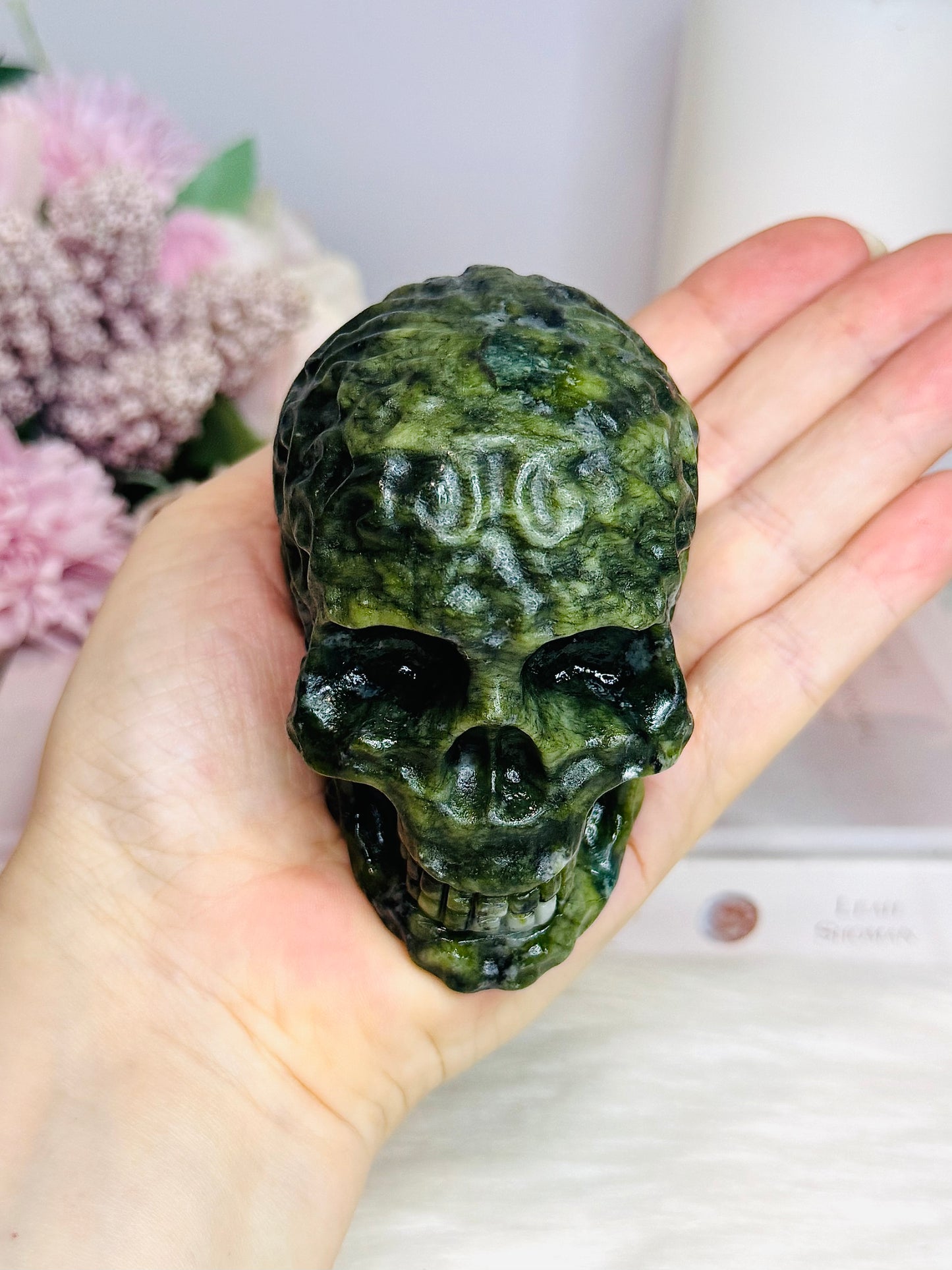Green Jade Filigree Carved Skull 9cm