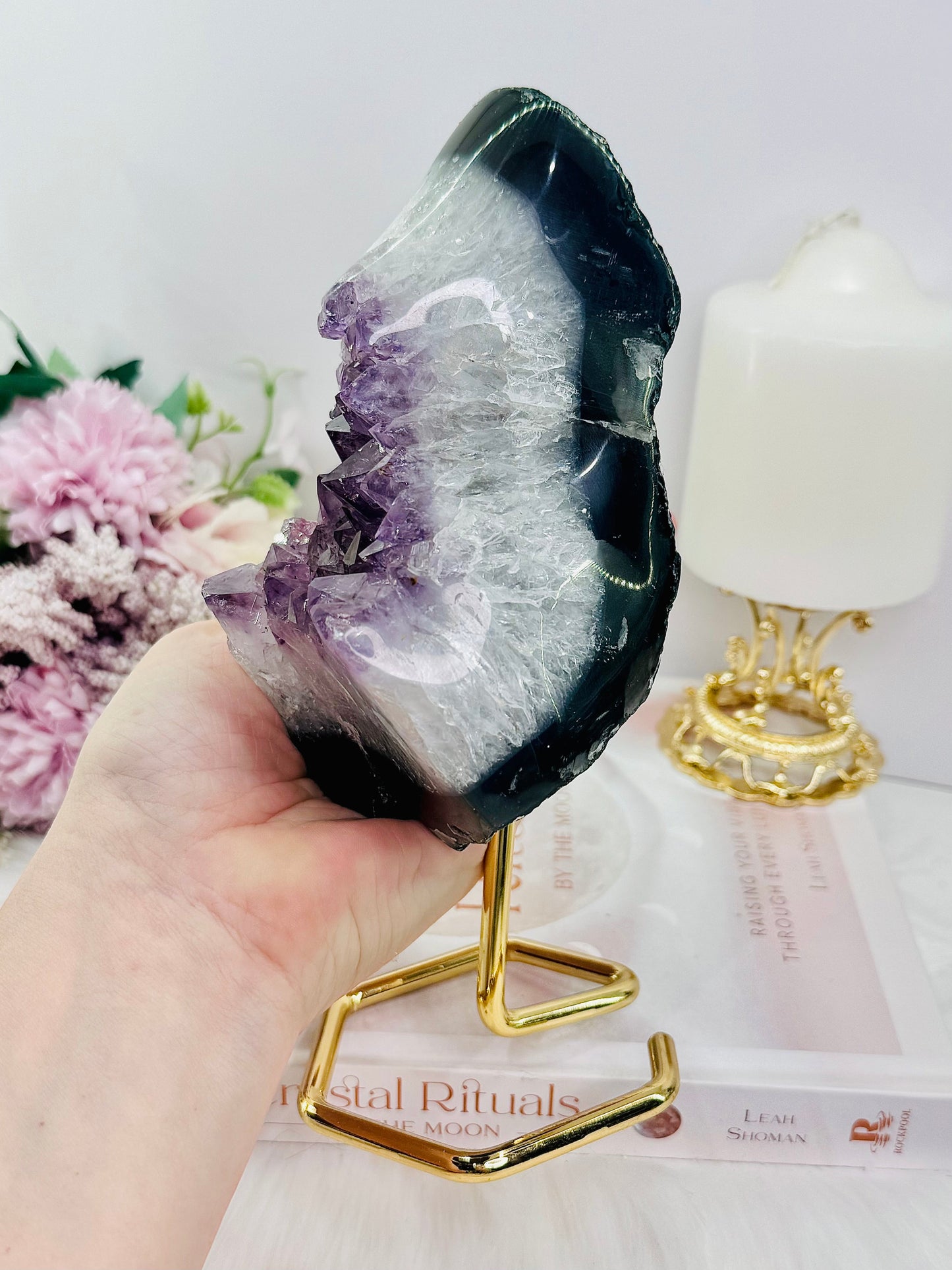 Large 20cm 1.1KG Natural Amethyst Agate Cluster Freeform on Gold Stand