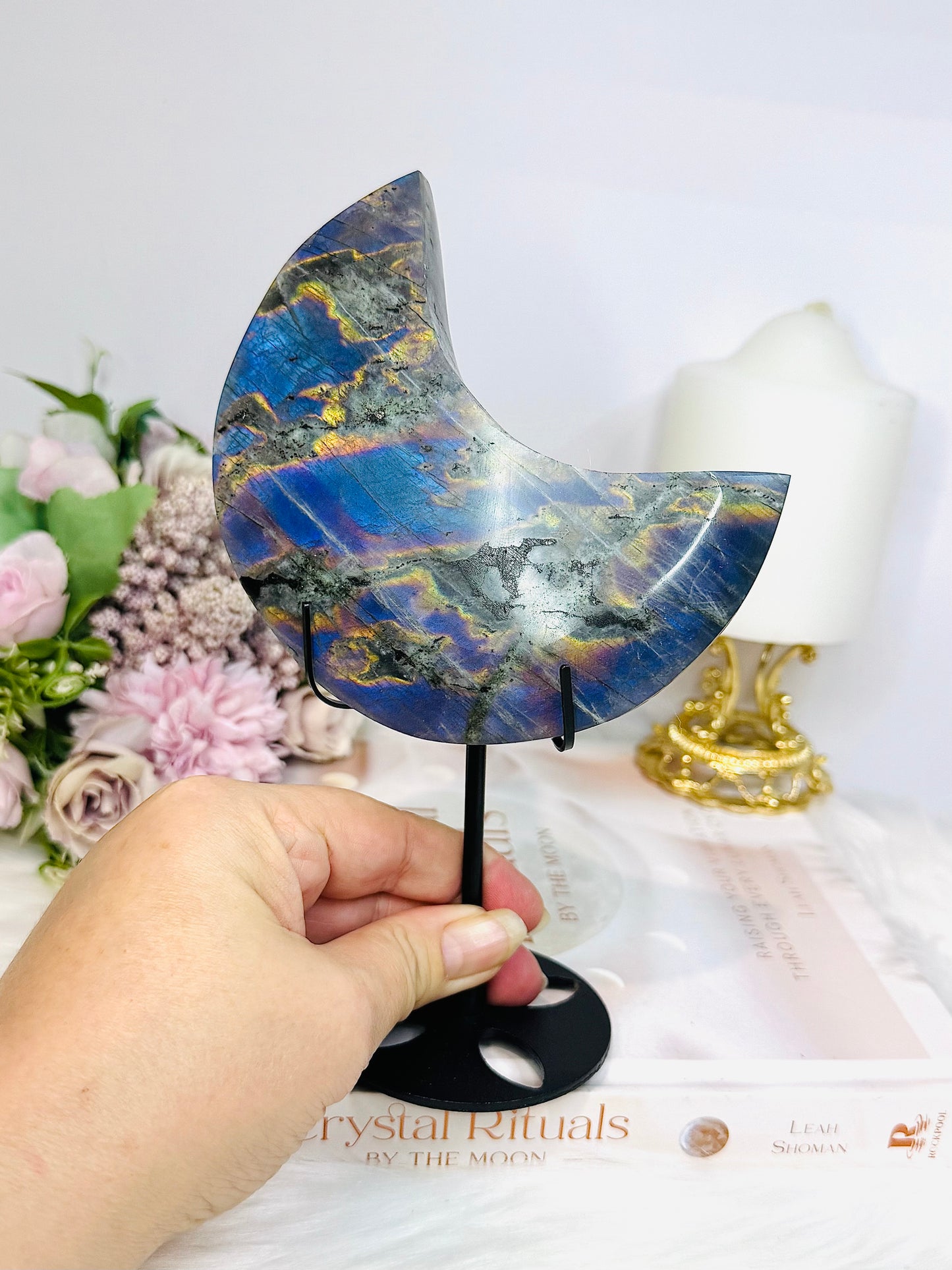 High Grade Large Labradorite Carved Moon Full of Flash 19.5cm