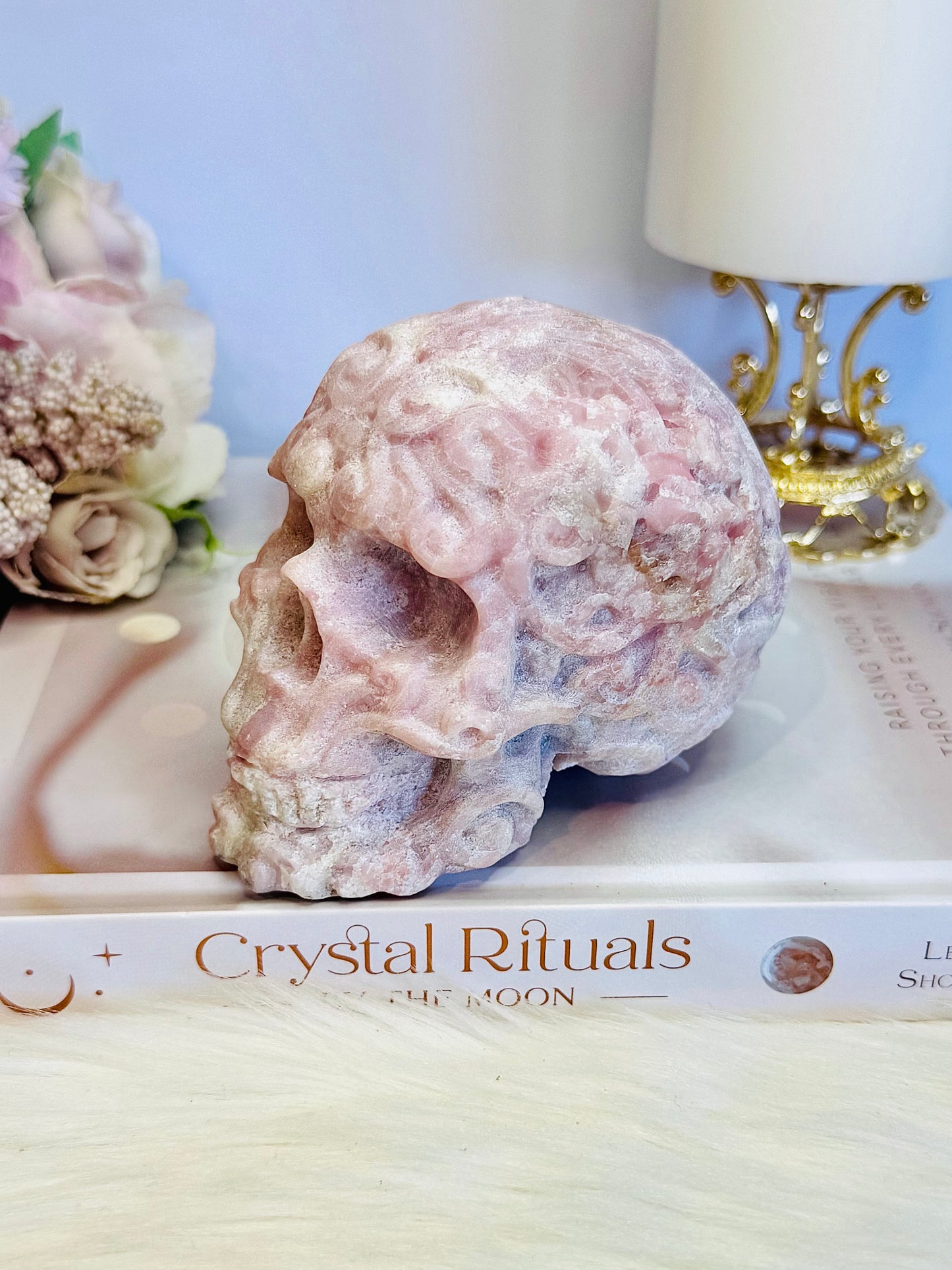 Incredible Large Perfectly Carved Pink Opal Patterned Skull 10cm 772grams