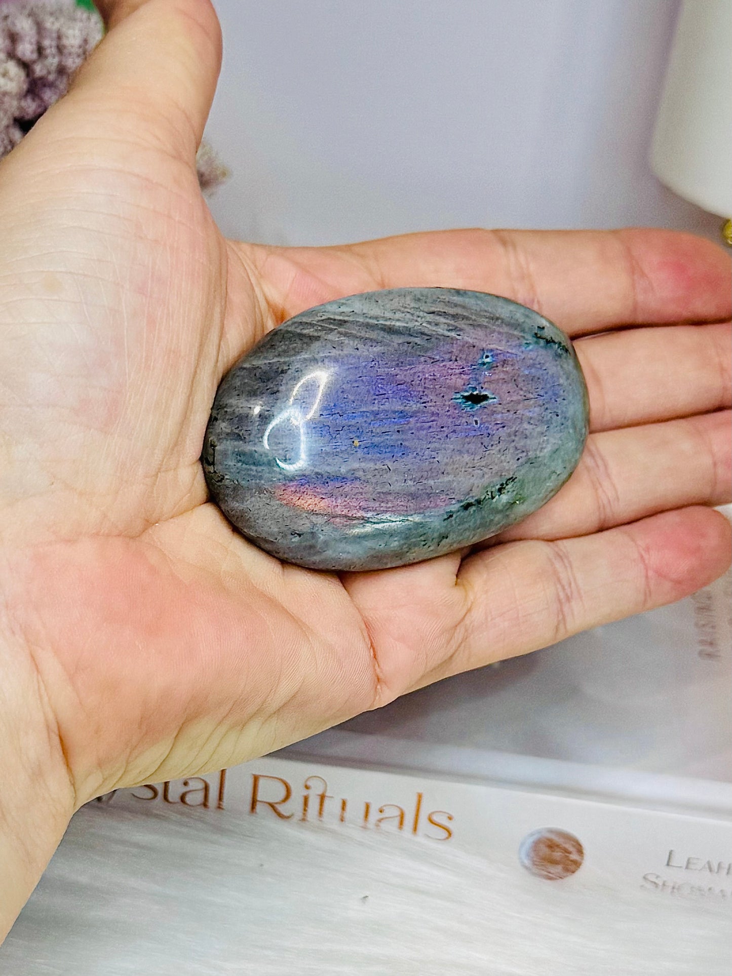 Large Labradorite Palm Stone with Pink & Purple Flash