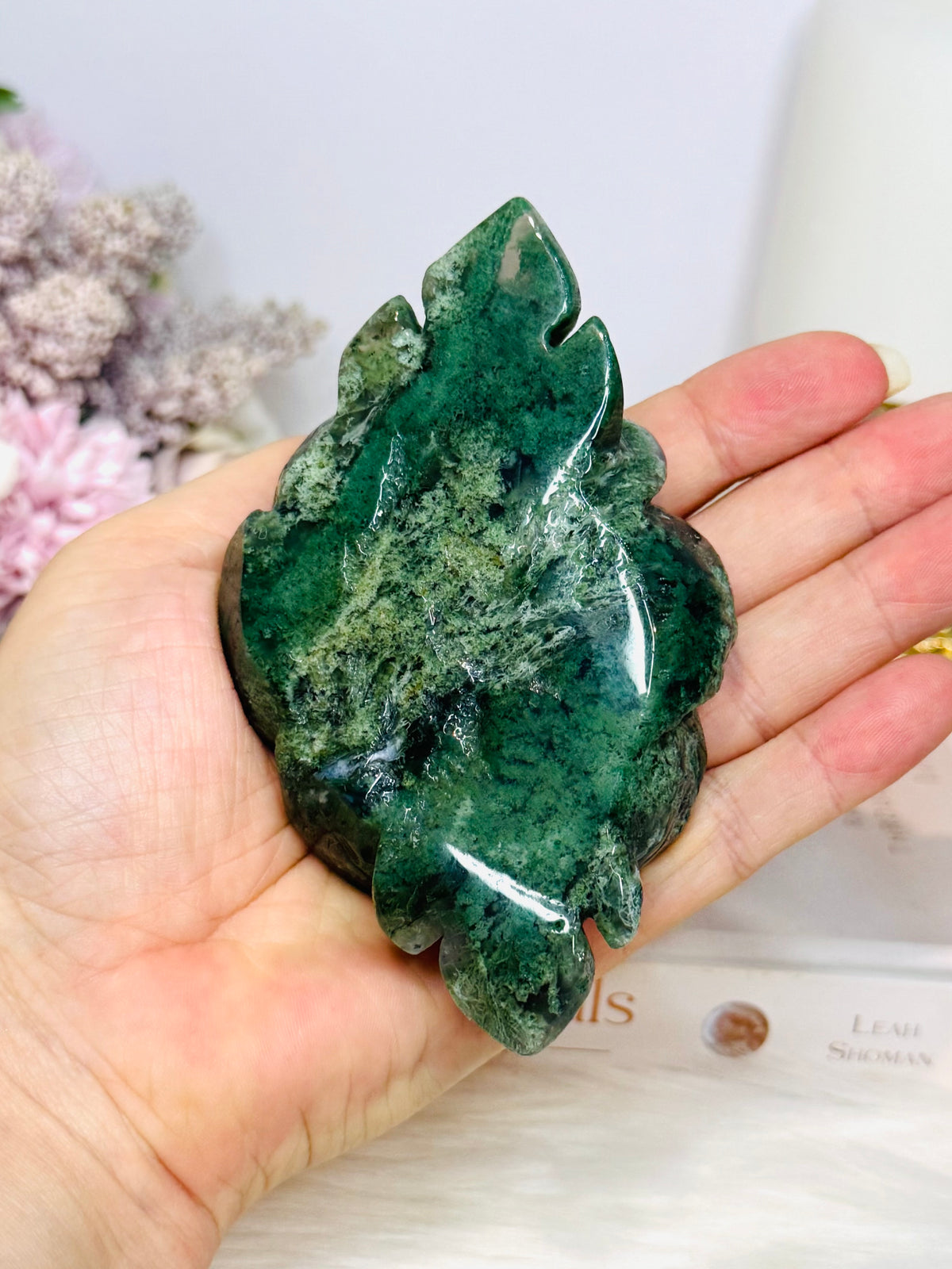 Moss Agate Carved Flower 11cm 209g