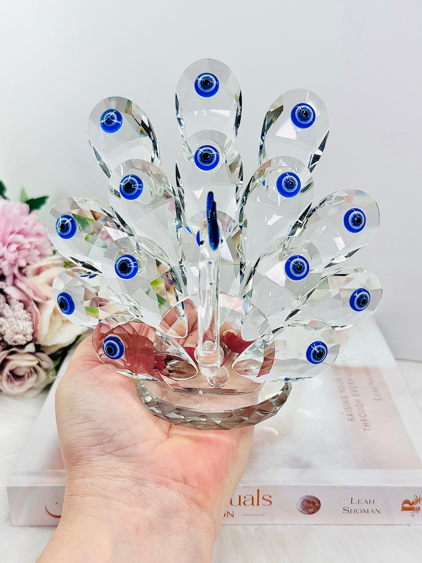 For Protection ~ Exquisite Large 15cm Glass Evil Eye Peacock Figurine combining elegance and mystique