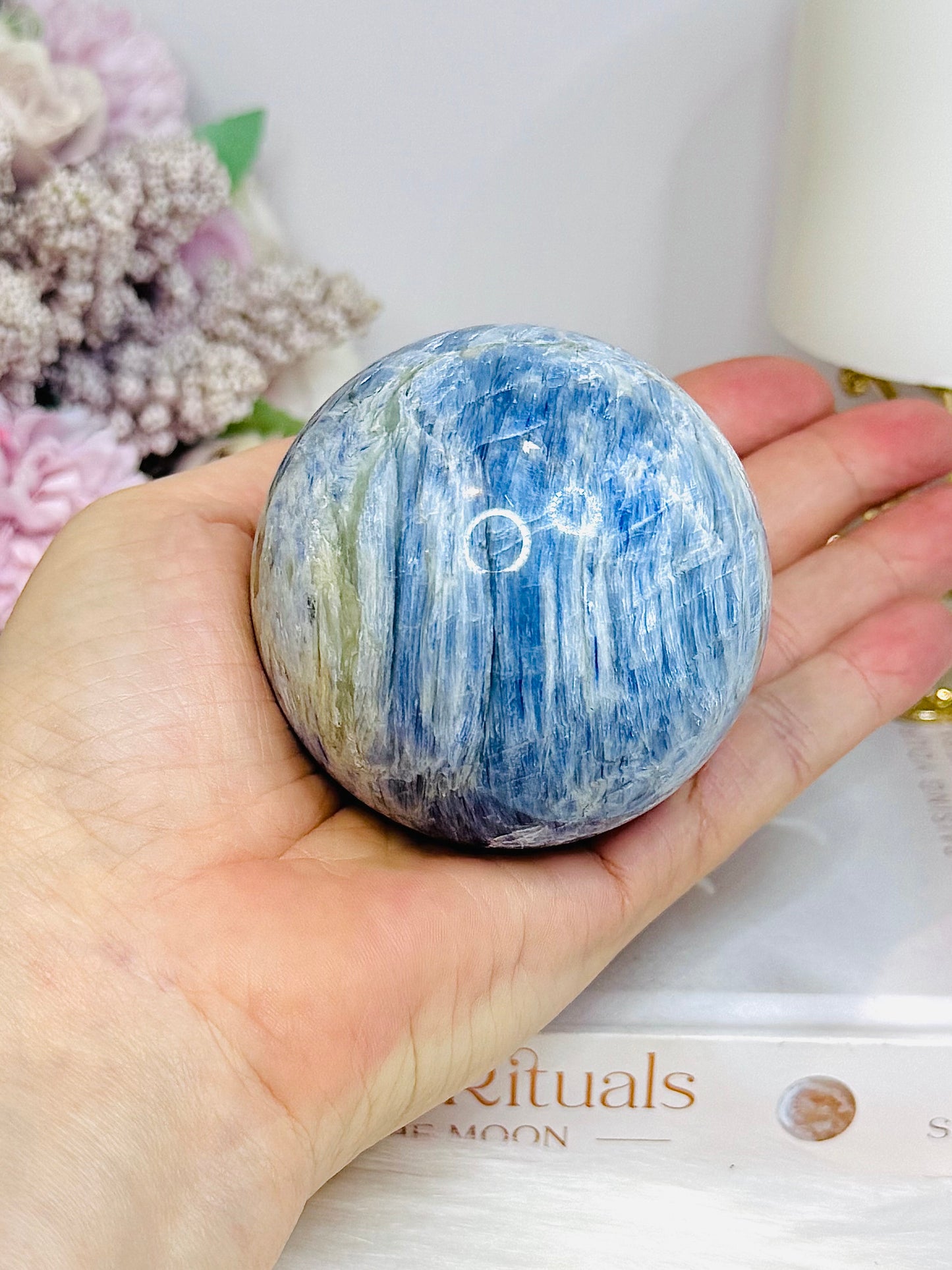 Blue Kyanite Sphere on Stand 485g On Stand