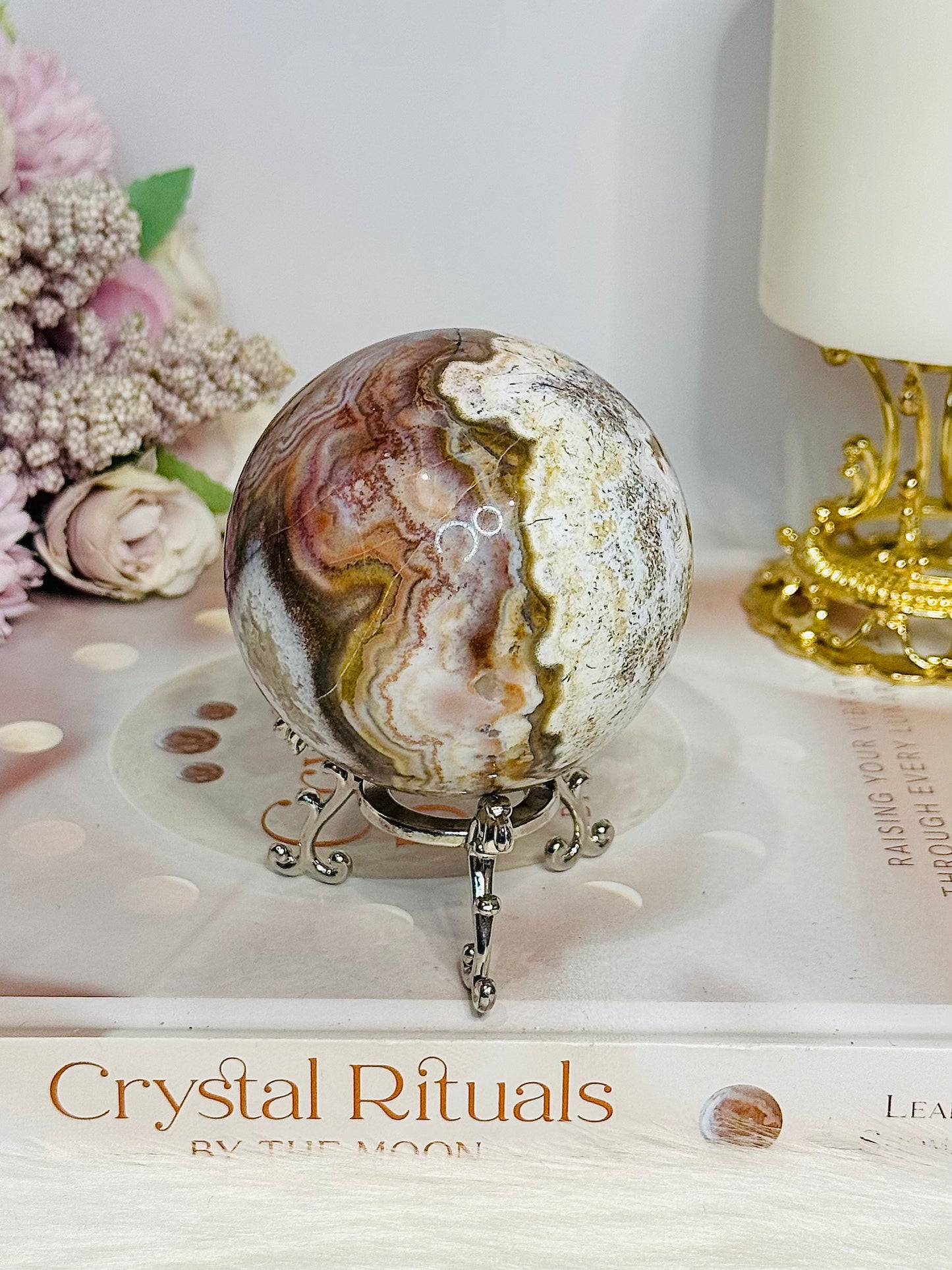 Large Mexican Crazy Lace Agate Druzy Sphere on Stand 376g