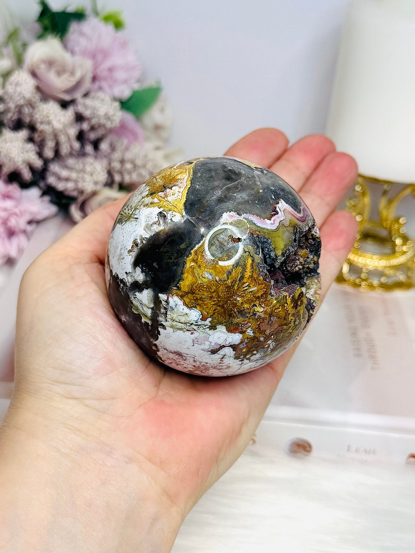 Large Mexican Crazy Lace Agate Druzy Sphere on Stand 449g