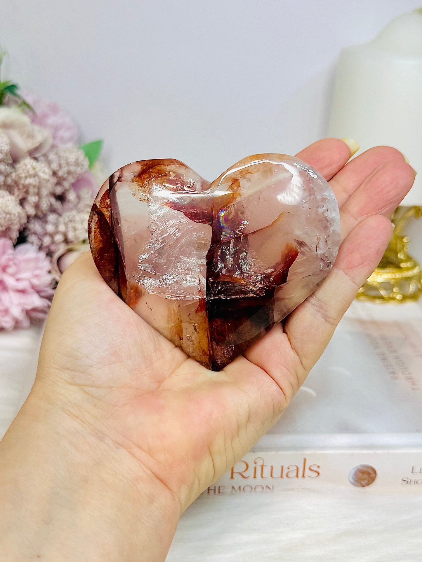 High Grade Fire Quartz Heart On Stand