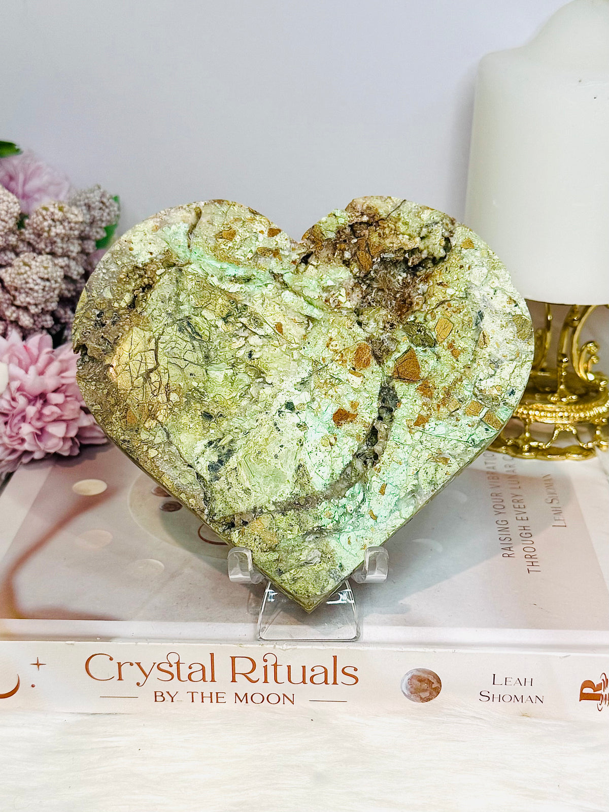 Large Natural Variscite Druzy Carved Heart on Stand 12cm