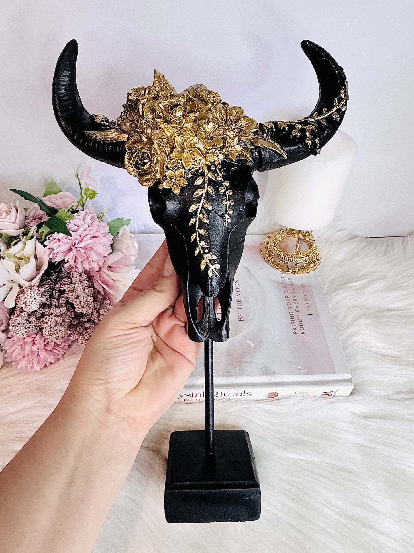 Large 33cm Black & Gold Cow Skull On Stand