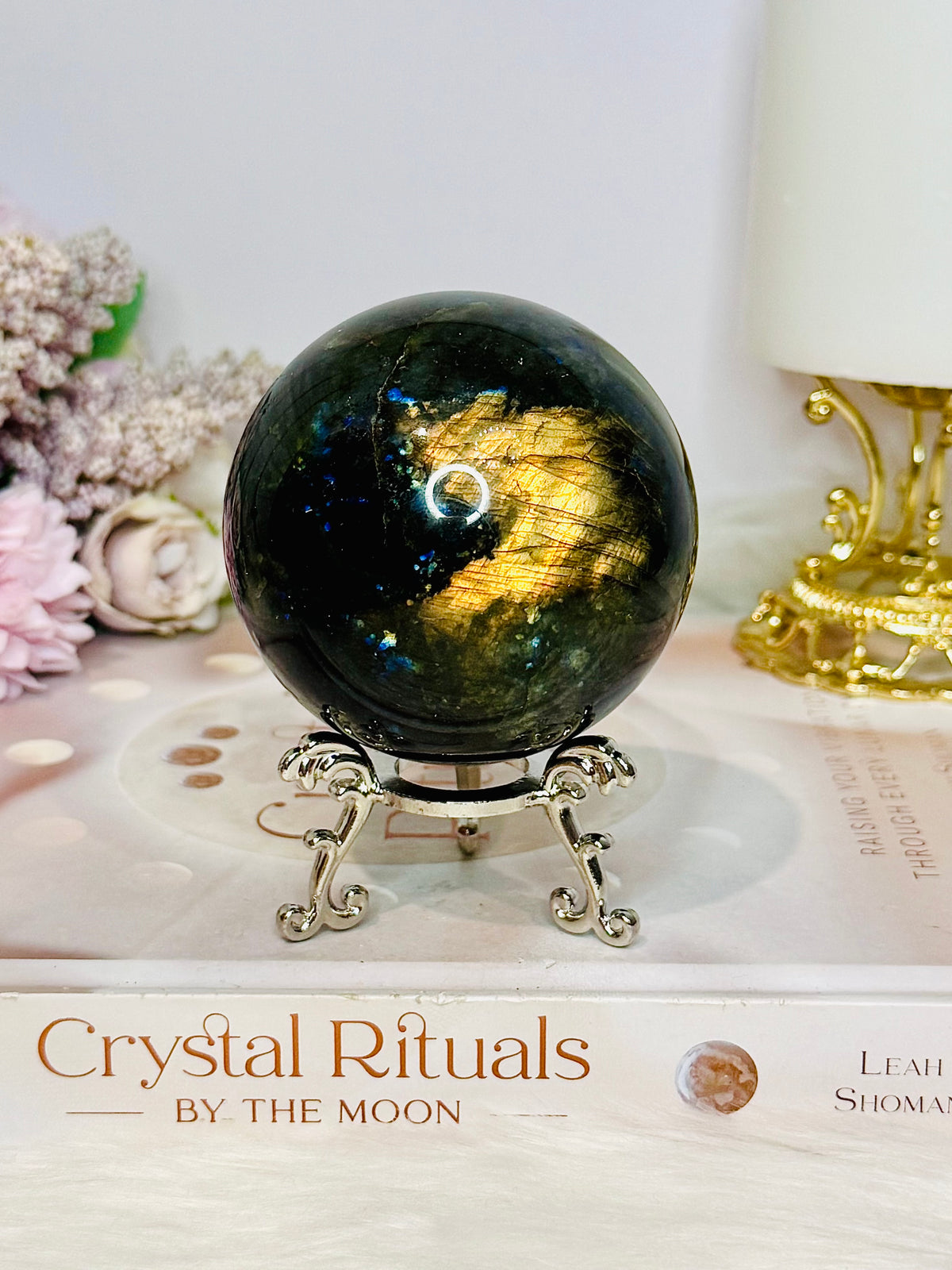 Large Labradorite Sphere 449g On Silver Stand (stand used in pic is display only)
