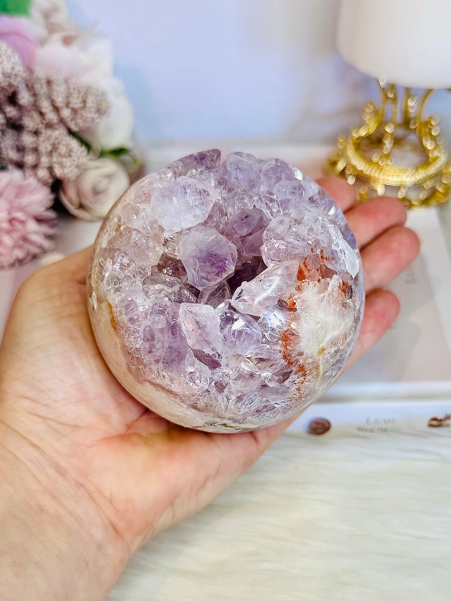 Classy & Fabulous High Grade Pink Amethyst Druzy Sphere On Stand From Brazil 702grams
