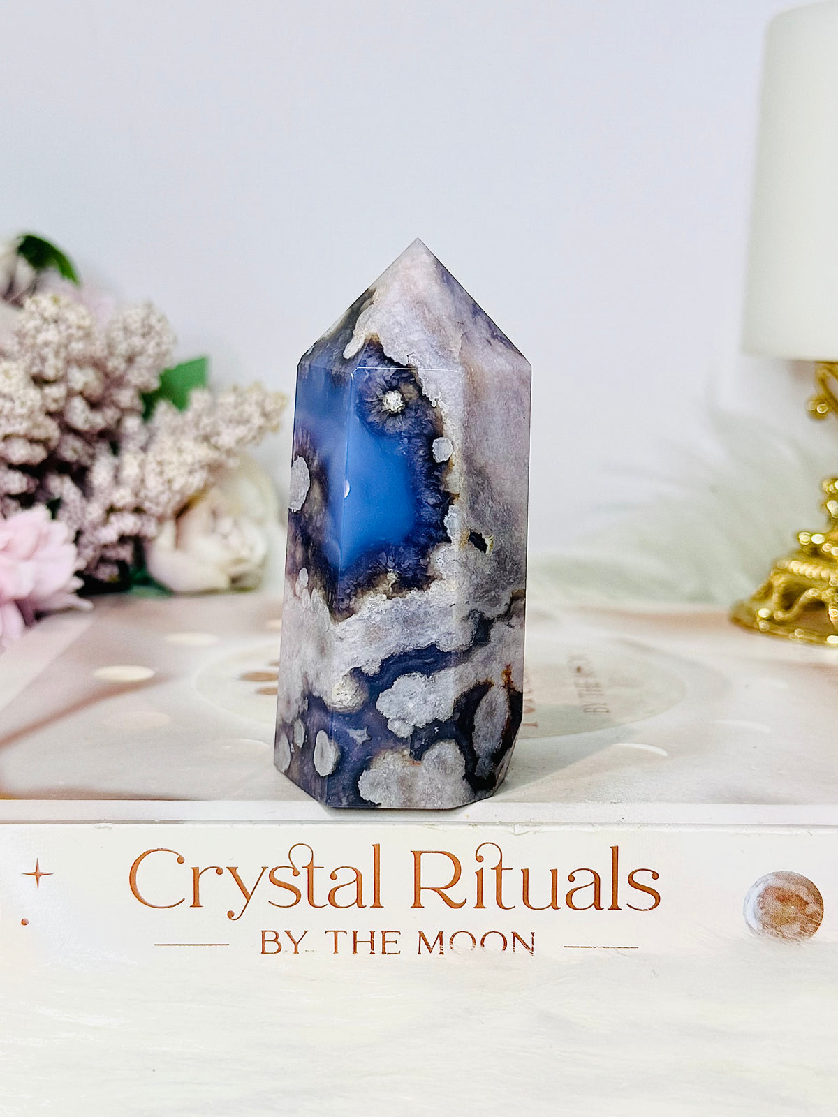 High Grade Chunky Blue Flower Agate Tower 8.5cm