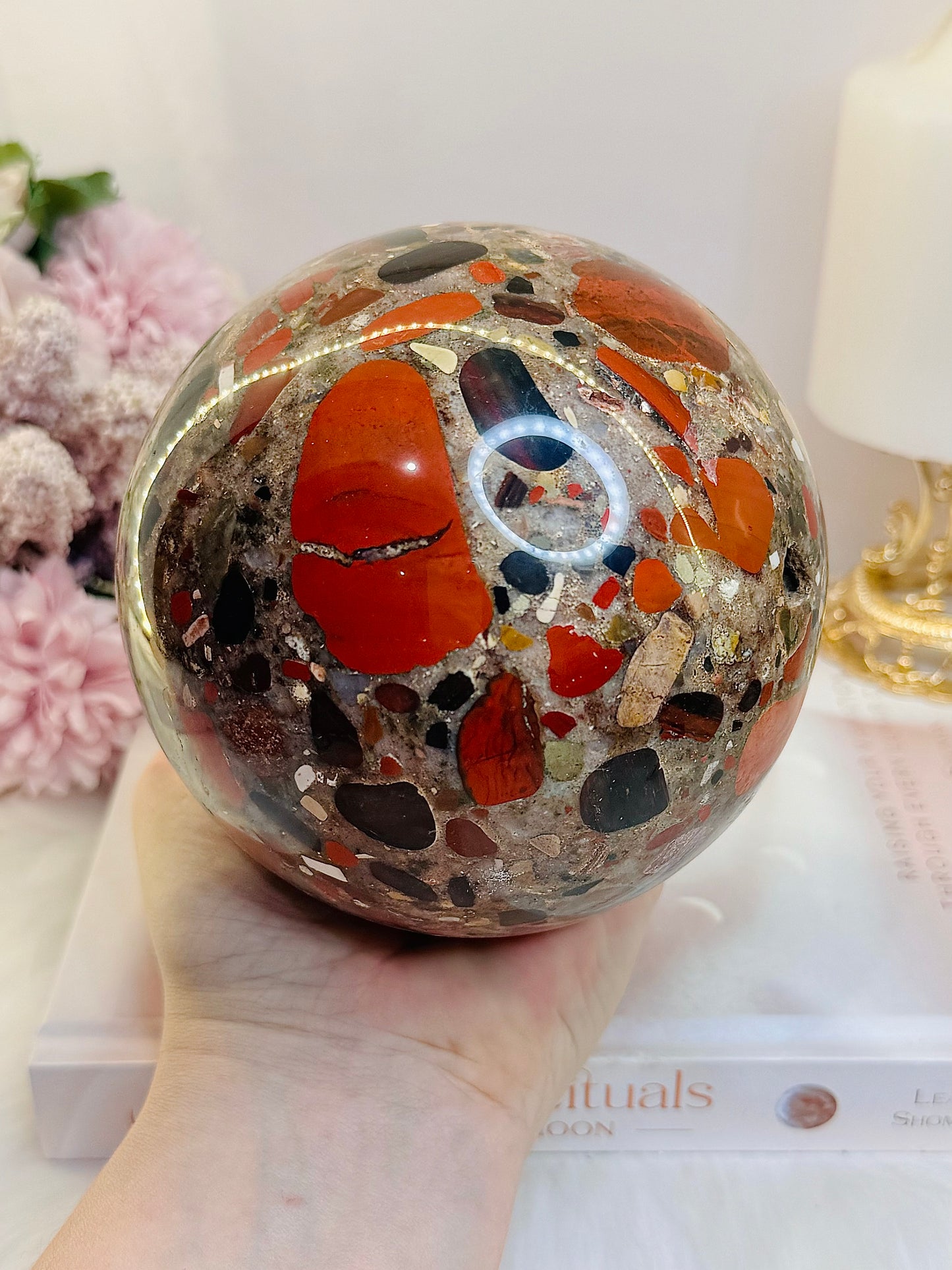 Huge Incredible Natural Puddingstone Sphere on Stand 11cm 1.93KG