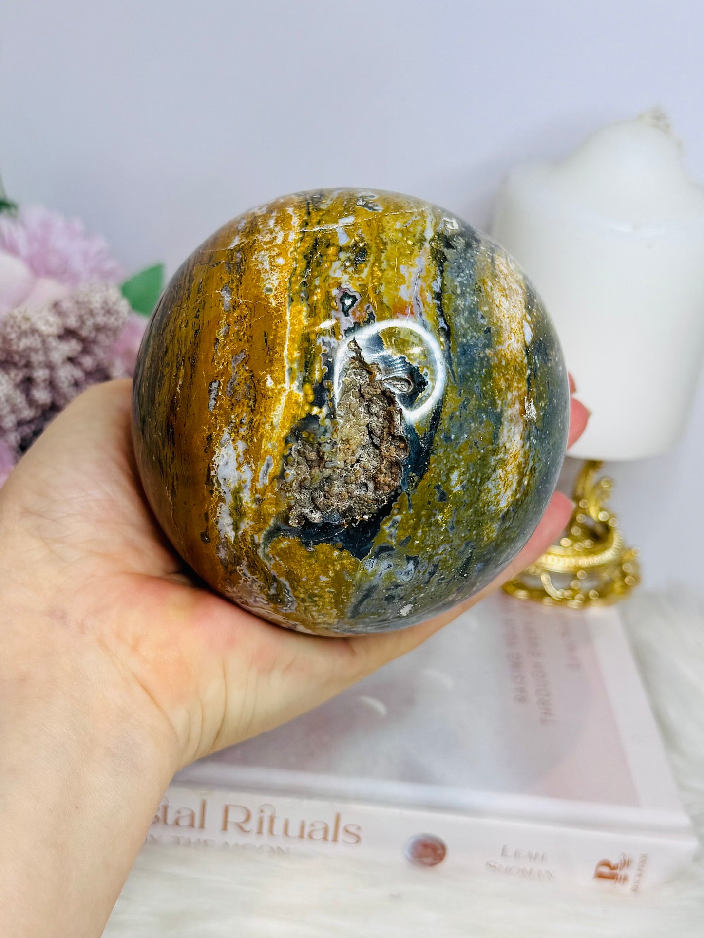 Large Ocean Jasper Orbicular Druzy Sphere On Stand 1.2KG
