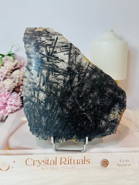 Large Black Tourmaline In Quartz Slab on Stand 19cm