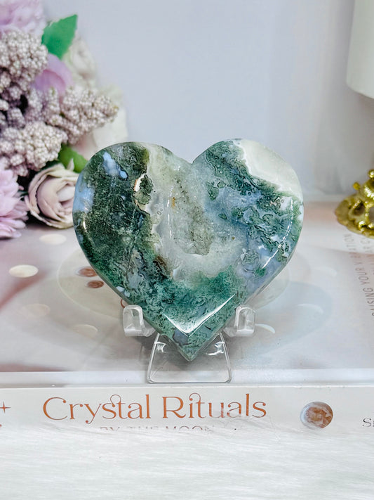 Moss Agate Druzy Heart 8cm On Stand