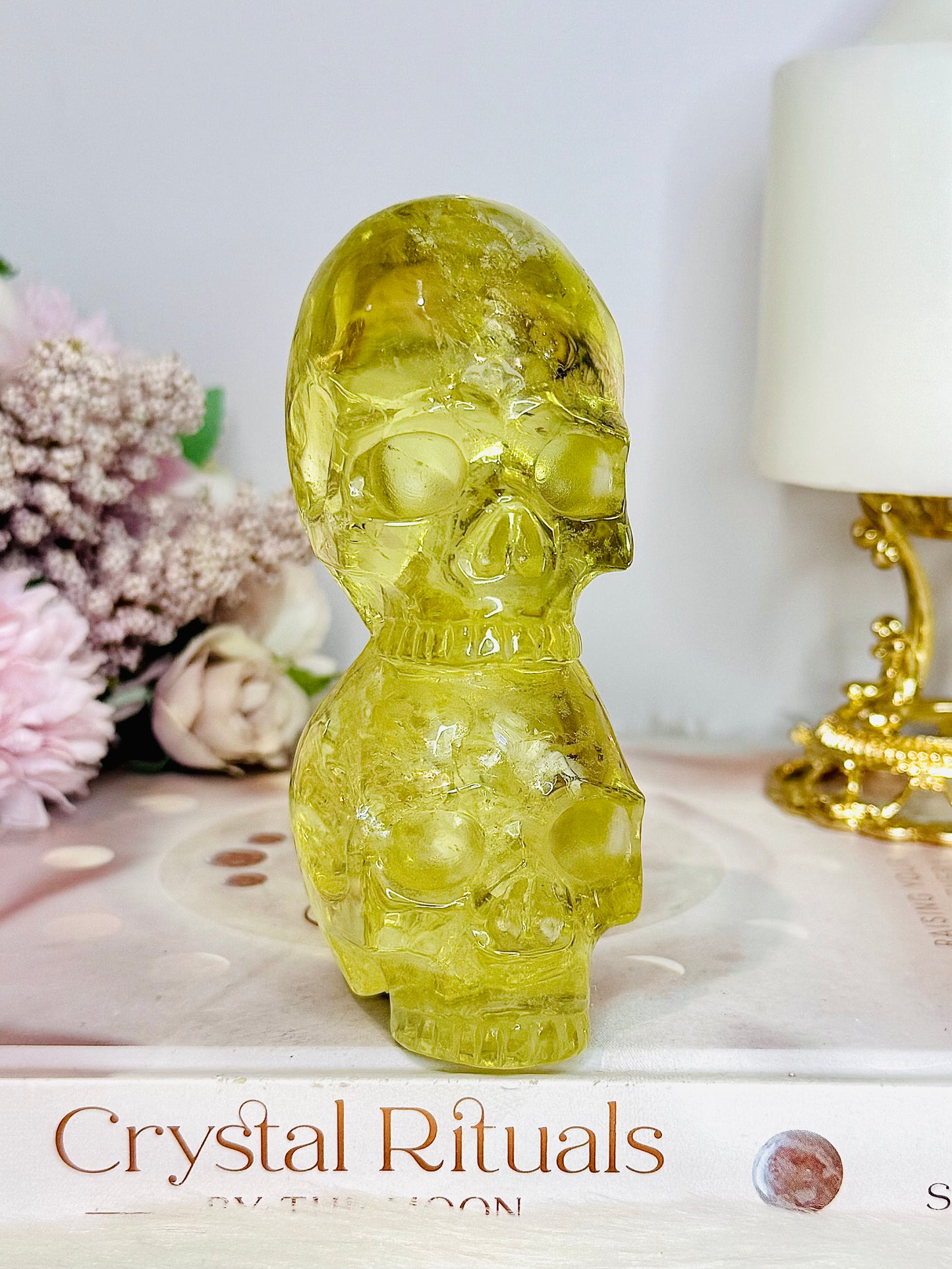 High Grade Citrine Carved Skulls with Rainbows 12cm 425g