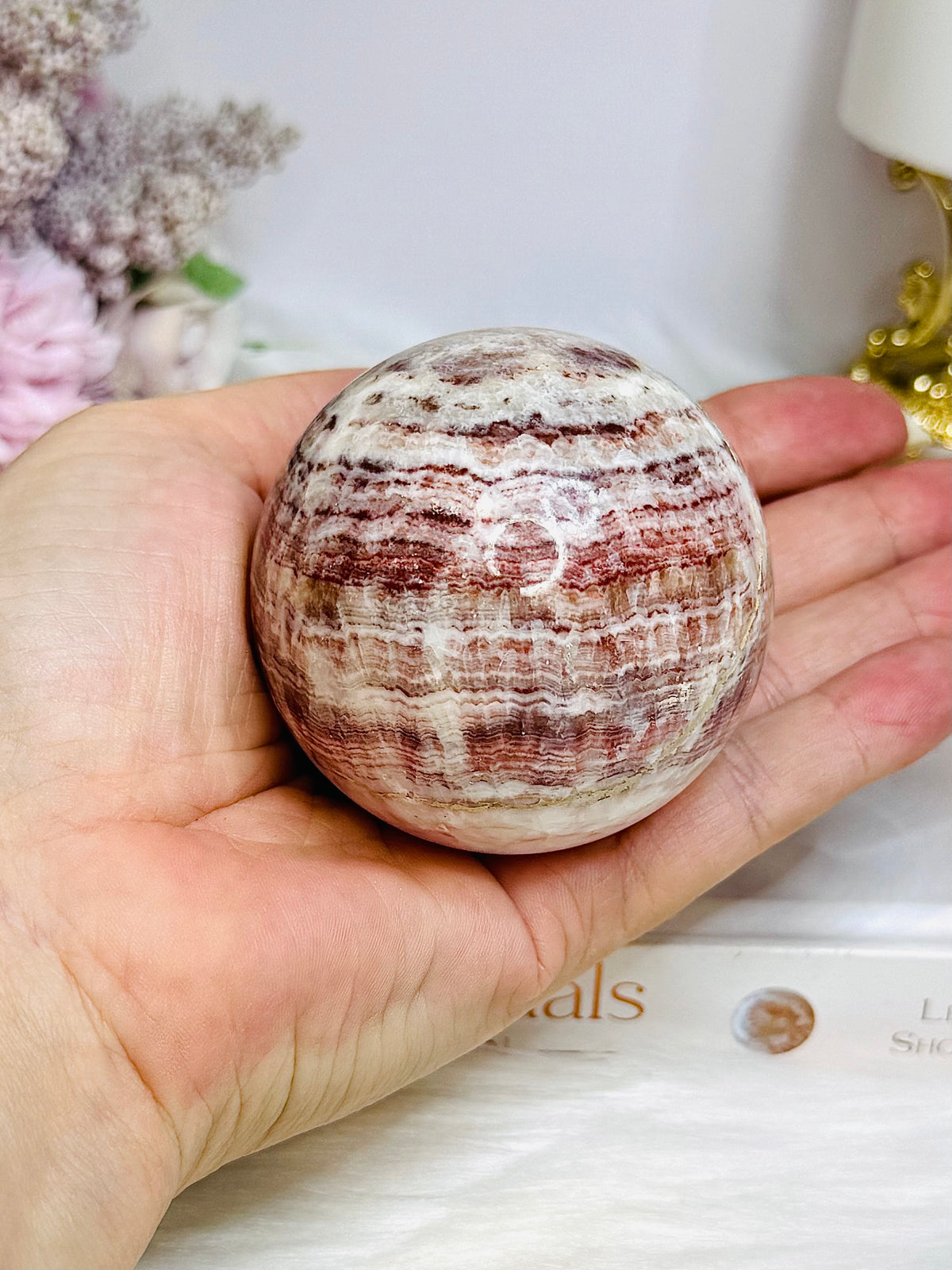 Pink Banded Calcite | Pork Stone Sphere On Stand 307g