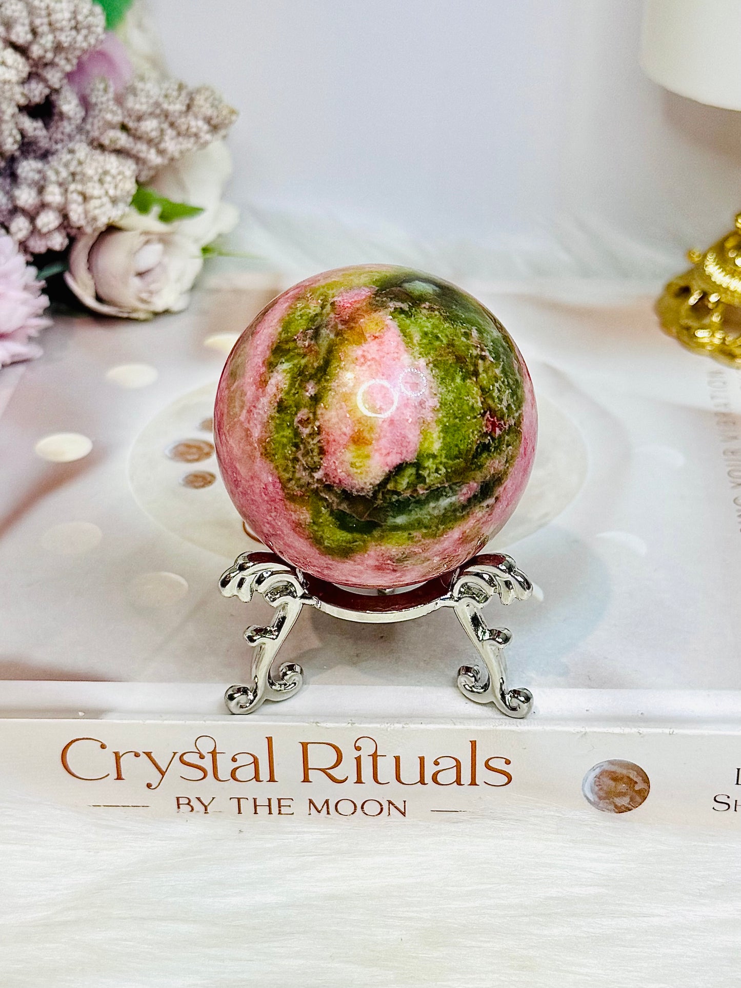 Thulite Sphere with Epidote 209g On Stand