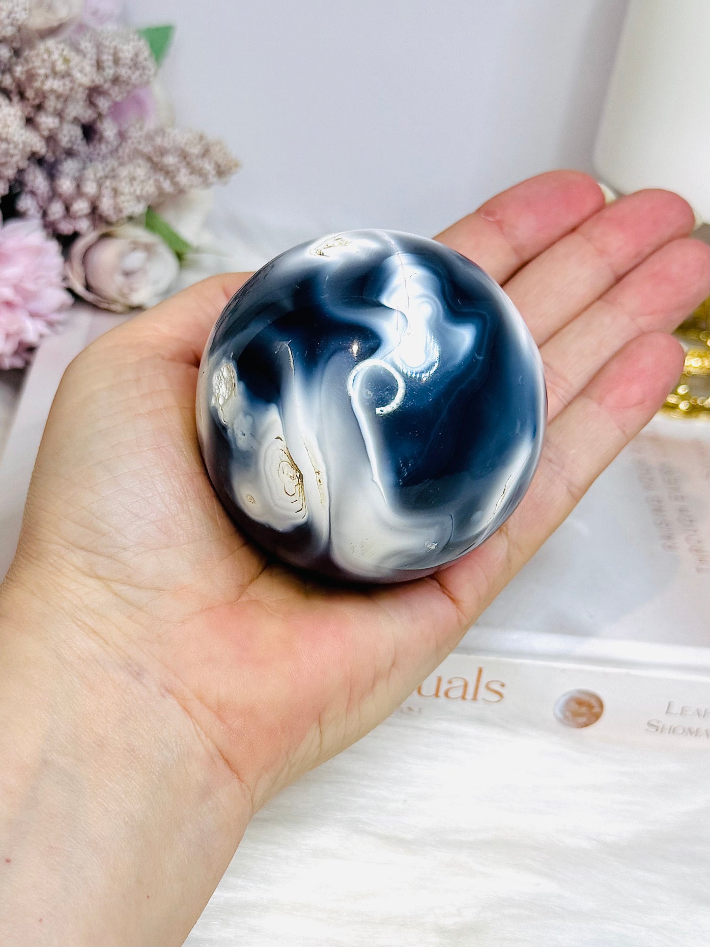 Large Orca Agate Sphere on Stand 379g