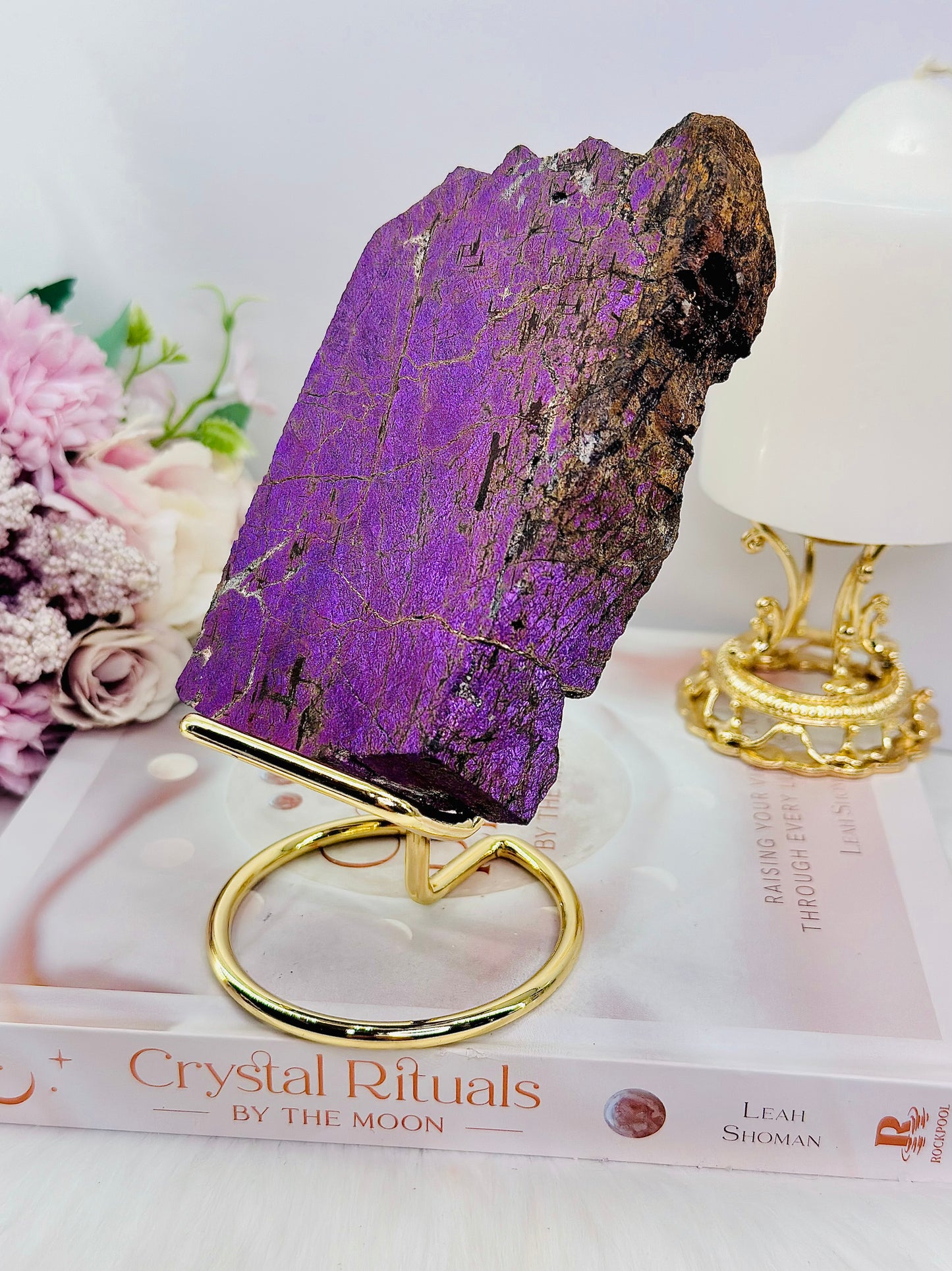 Incredible Rare Natural Velvet Purpurite Large Slab On Gold Stand 578grams